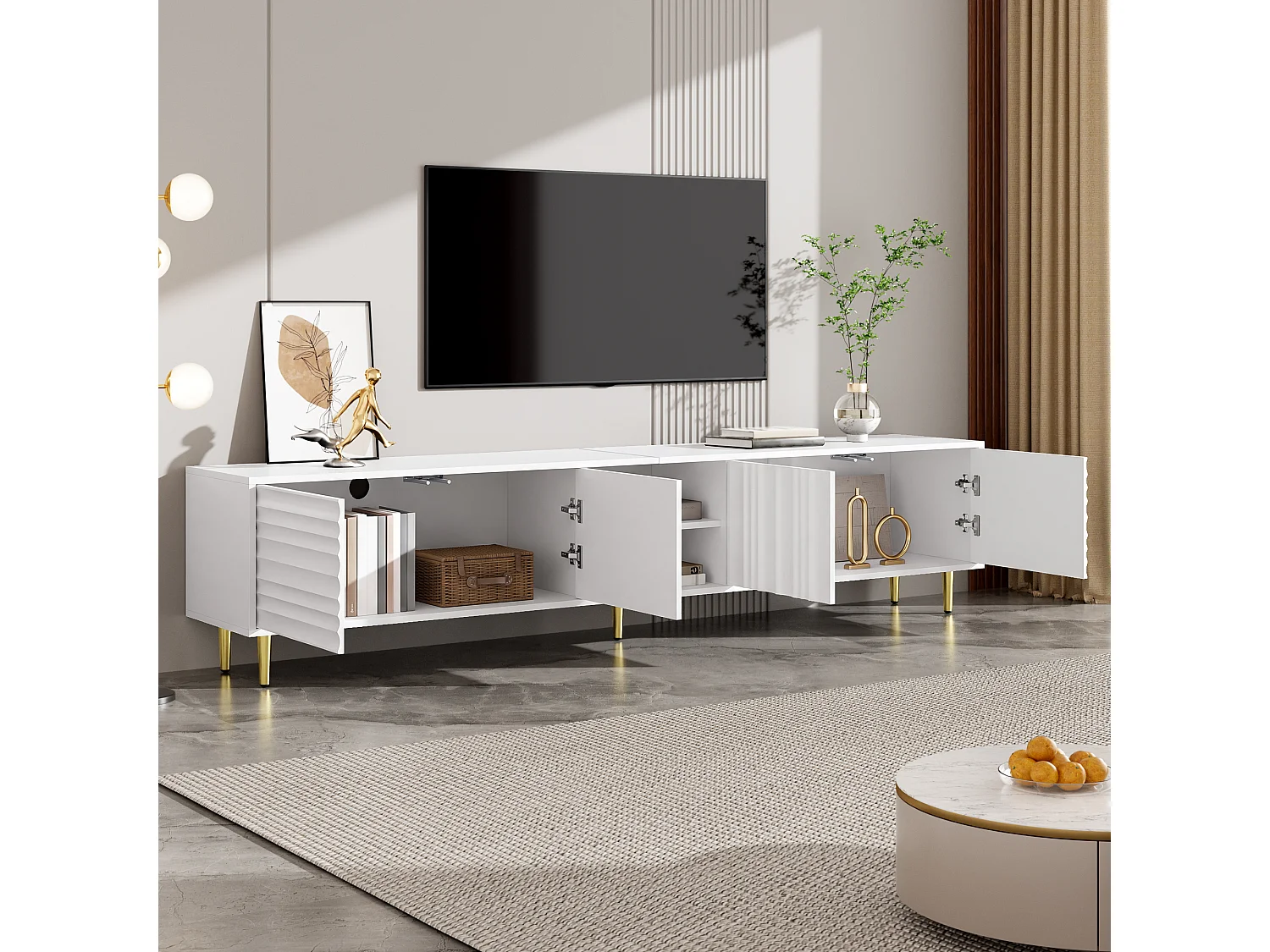 Modern TV stand 200x35x45 cm - 4 doors and open compartments - Handleless - Metal legs - MDF - White