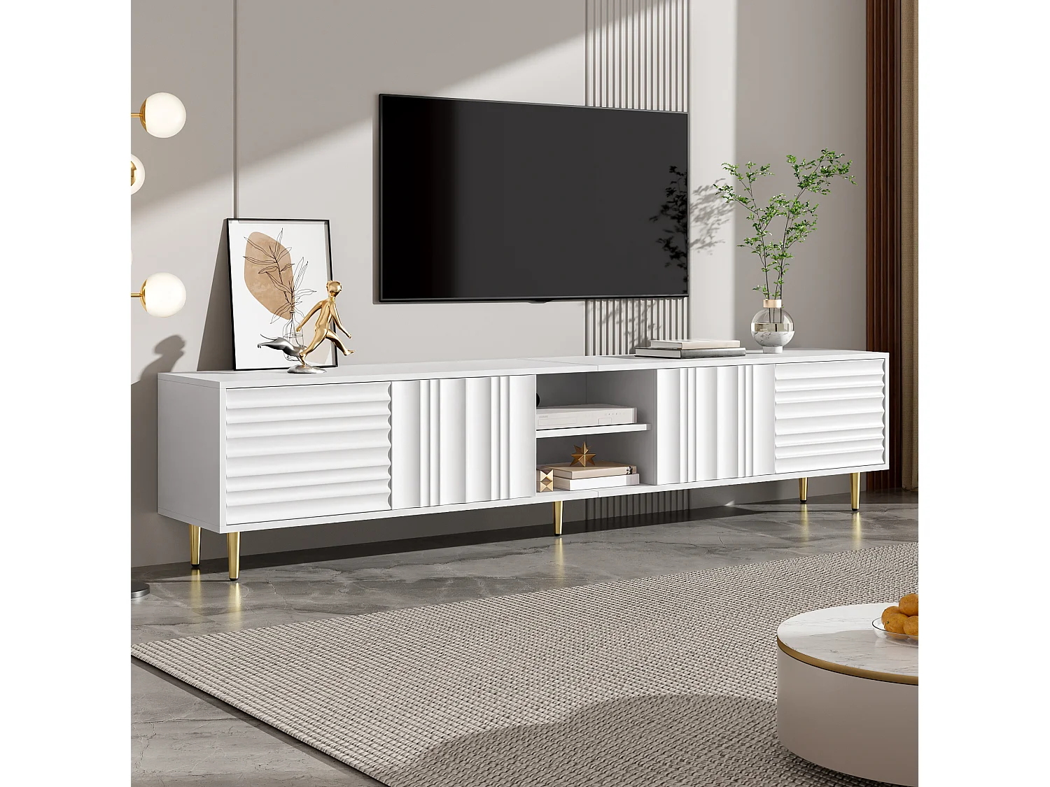 Modern TV stand 200x35x45 cm - 4 doors and open compartments - Handleless - Metal legs - MDF - White
