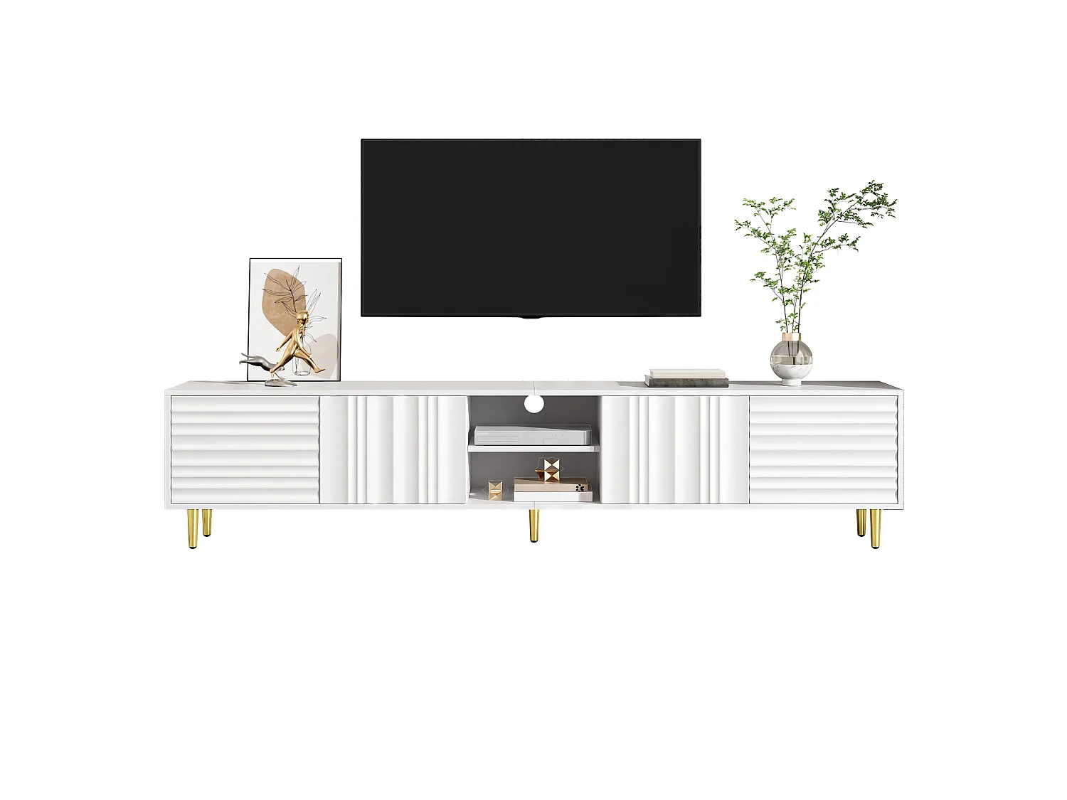 Modern TV stand 200x35x45 cm - 4 doors and open compartments - Handleless - Metal legs - MDF - White