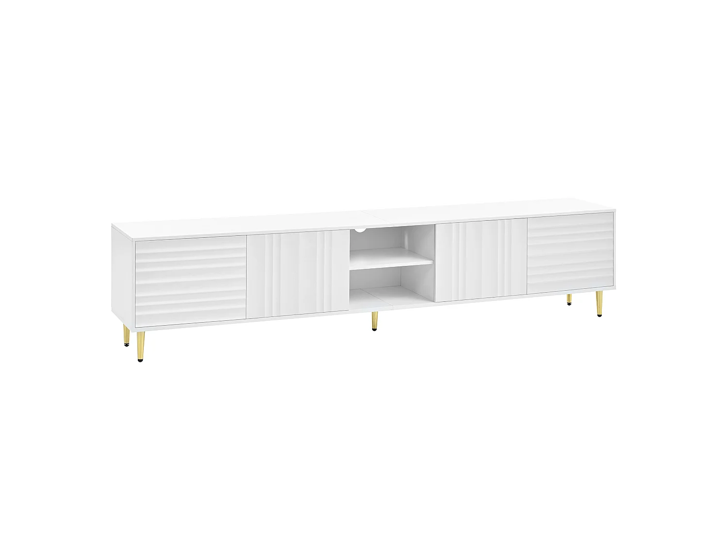 Modern TV stand 200x35x45 cm - 4 doors and open compartments - Handleless - Metal legs - MDF - White