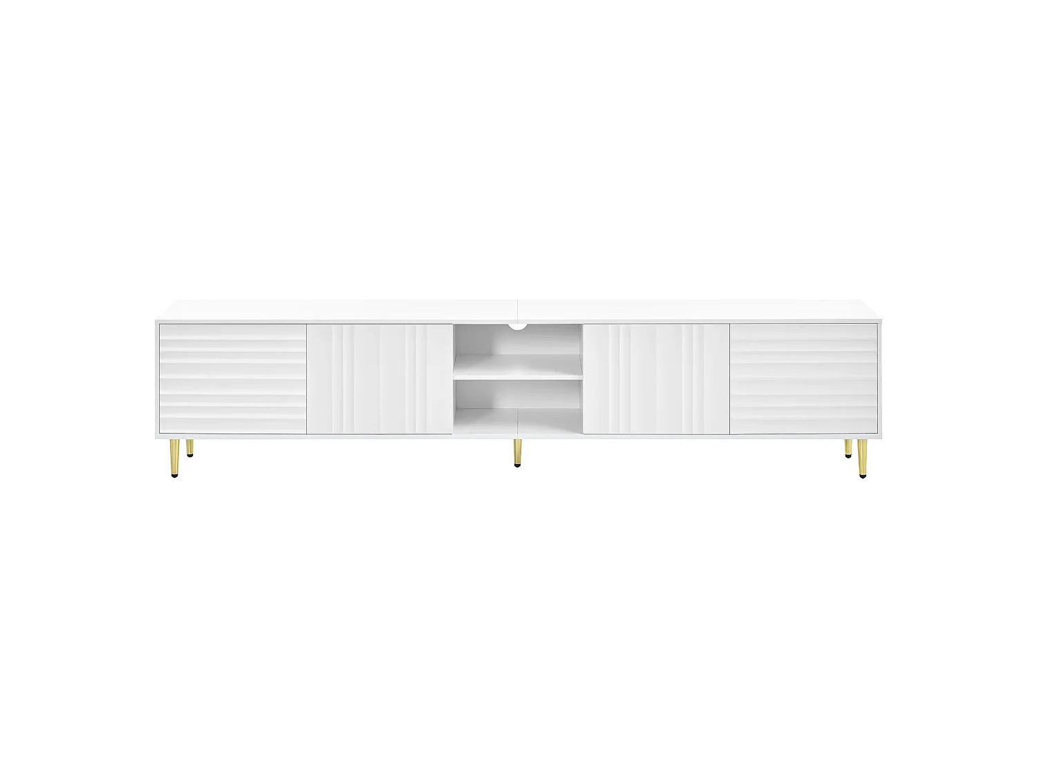Modern TV stand 200x35x45 cm - 4 doors and open compartments - Handleless - Metal legs - MDF - White
