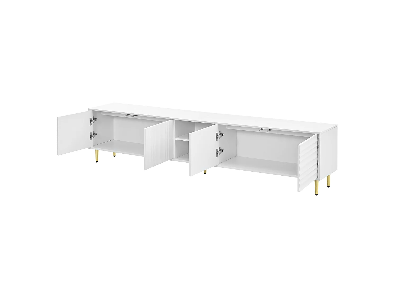 Modern TV stand 200x35x45 cm - 4 doors and open compartments - Handleless - Metal legs - MDF - White
