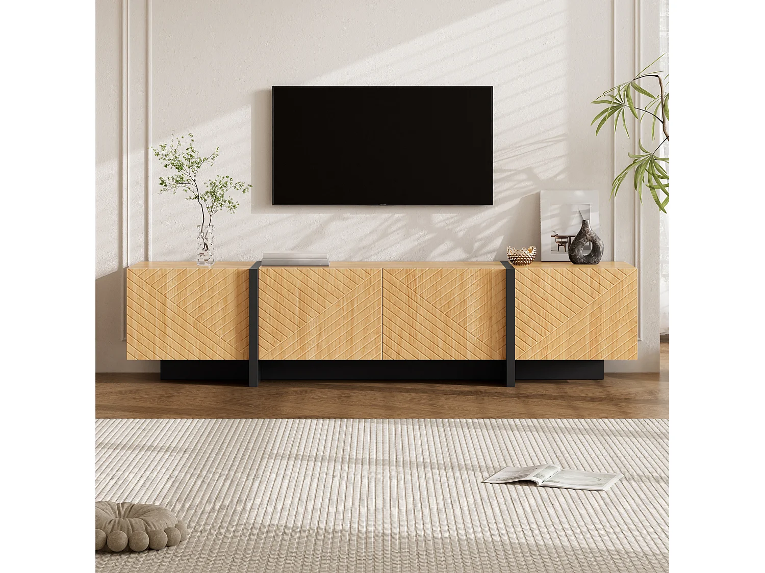 TV cabinet 187 x 32 x 45 cm - With 4 doors with grooved front - Cable management - MDF - Natural