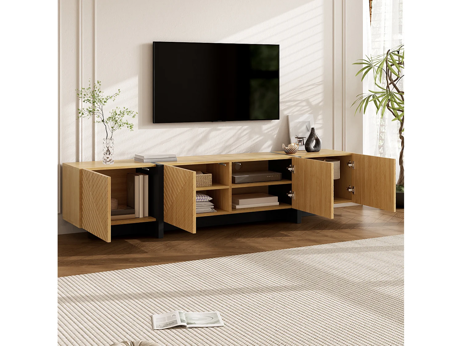 TV cabinet 187 x 32 x 45 cm - With 4 doors with grooved front - Cable management - MDF - Natural