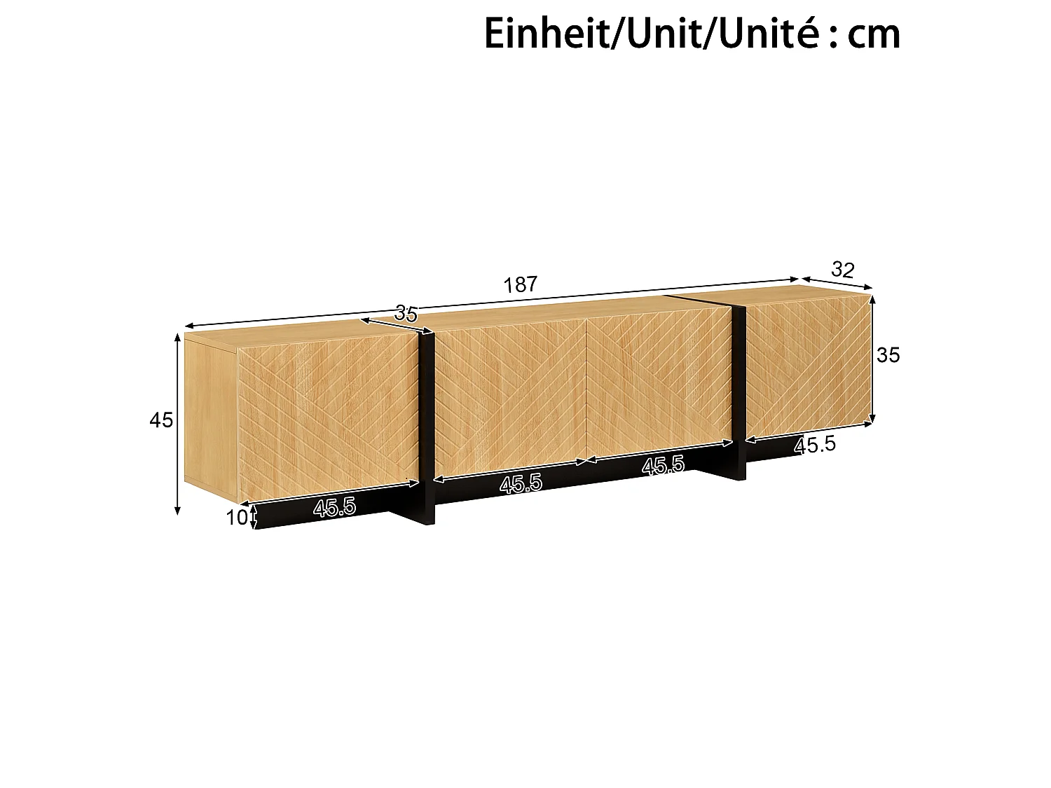 TV cabinet 187 x 32 x 45 cm - With 4 doors with grooved front - Cable management - MDF - Natural