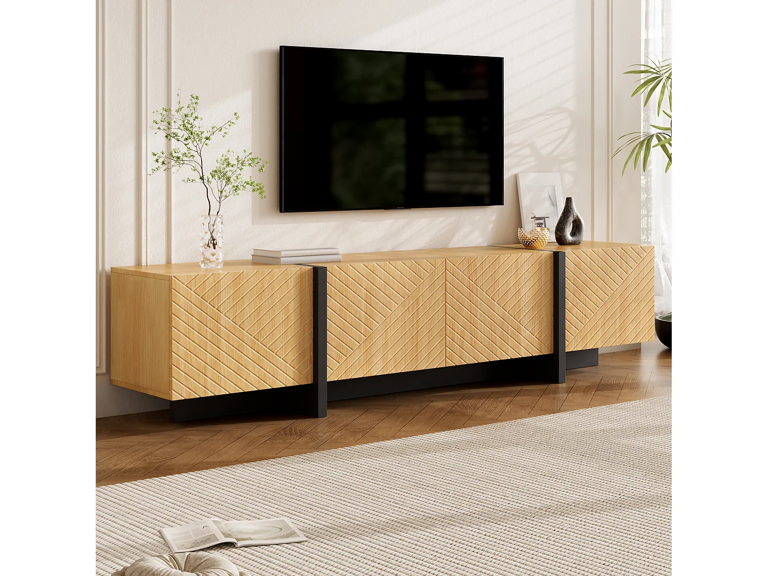 TV cabinet 187 x 32 x 45 cm - With 4 doors with grooved front - Cable management - MDF - Natural