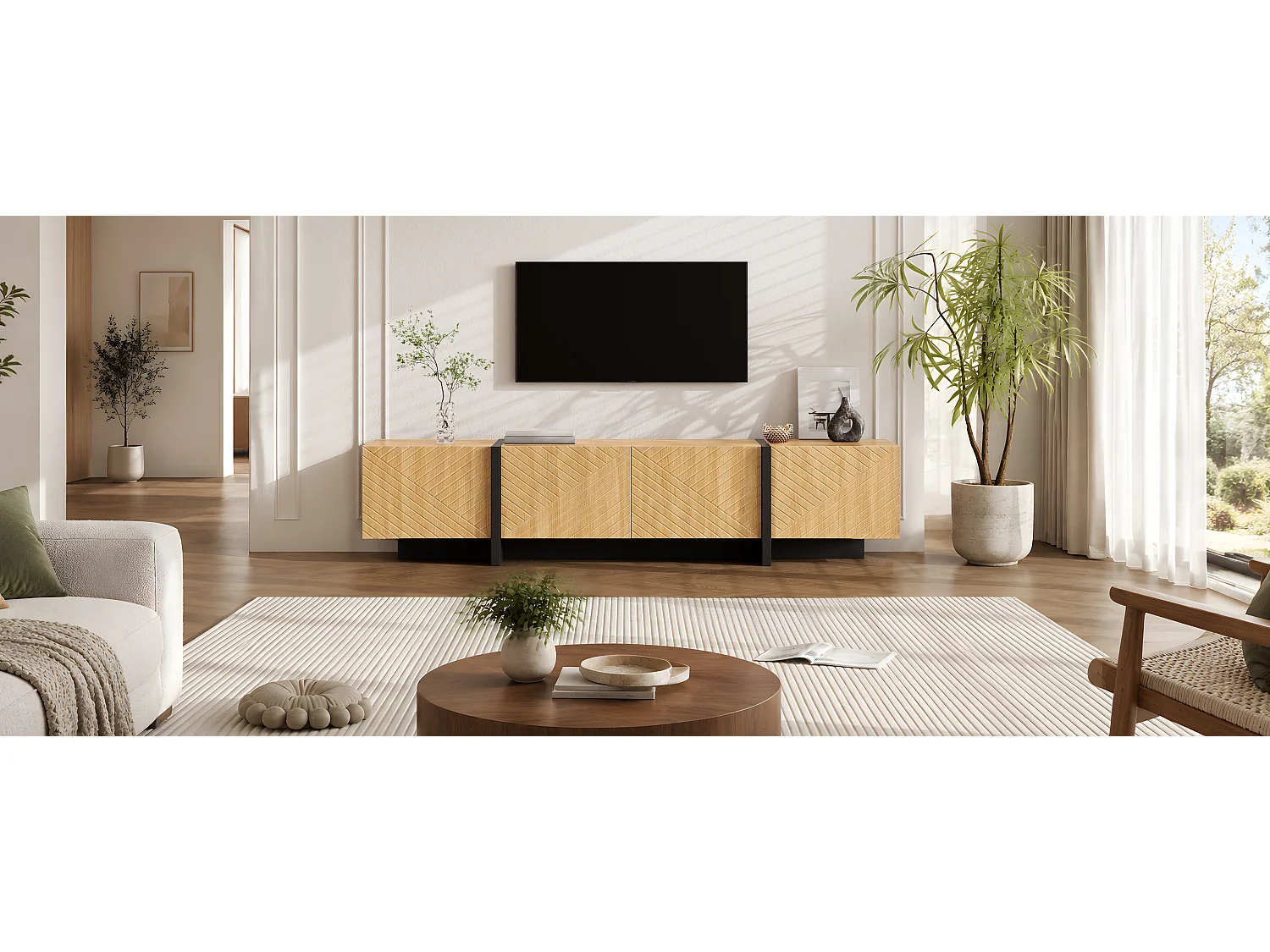 TV cabinet 187 x 32 x 45 cm - With 4 doors with grooved front - Cable management - MDF - Natural