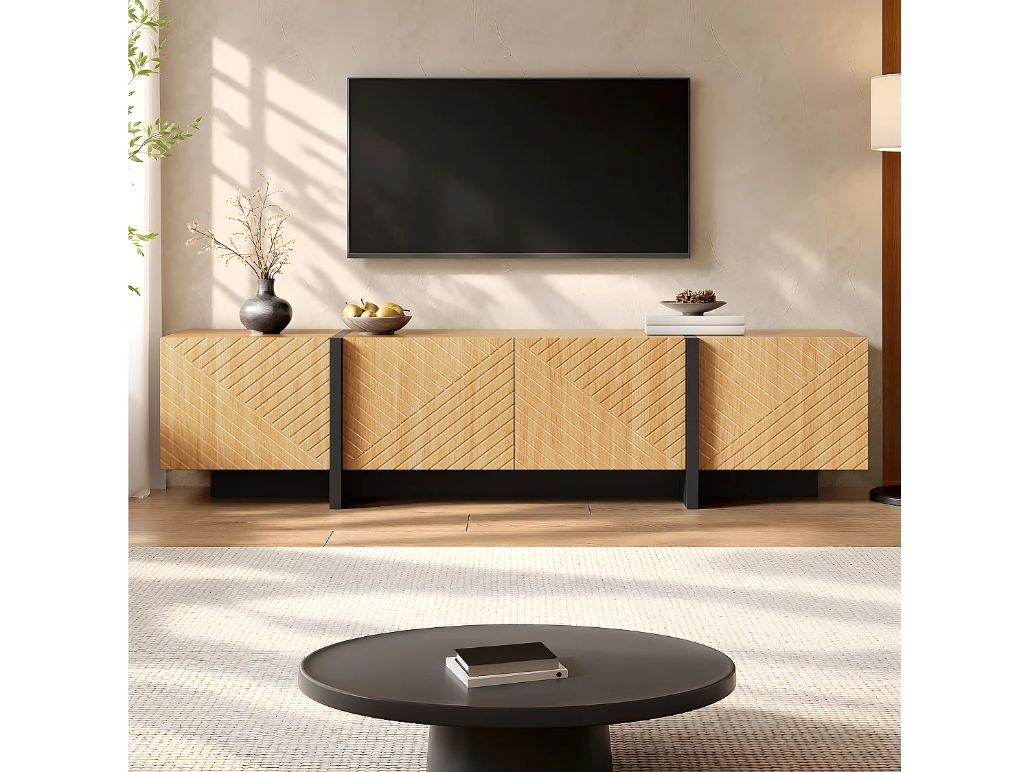 TV cabinet 187 x 32 x 45 cm - With 4 doors with grooved front - Cable management - MDF - Natural