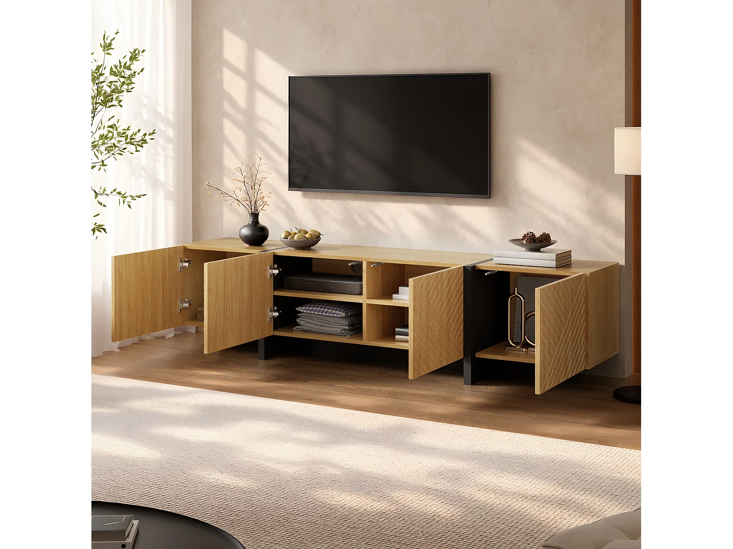 TV cabinet 187 x 32 x 45 cm - With 4 doors with grooved front - Cable management - MDF - Natural