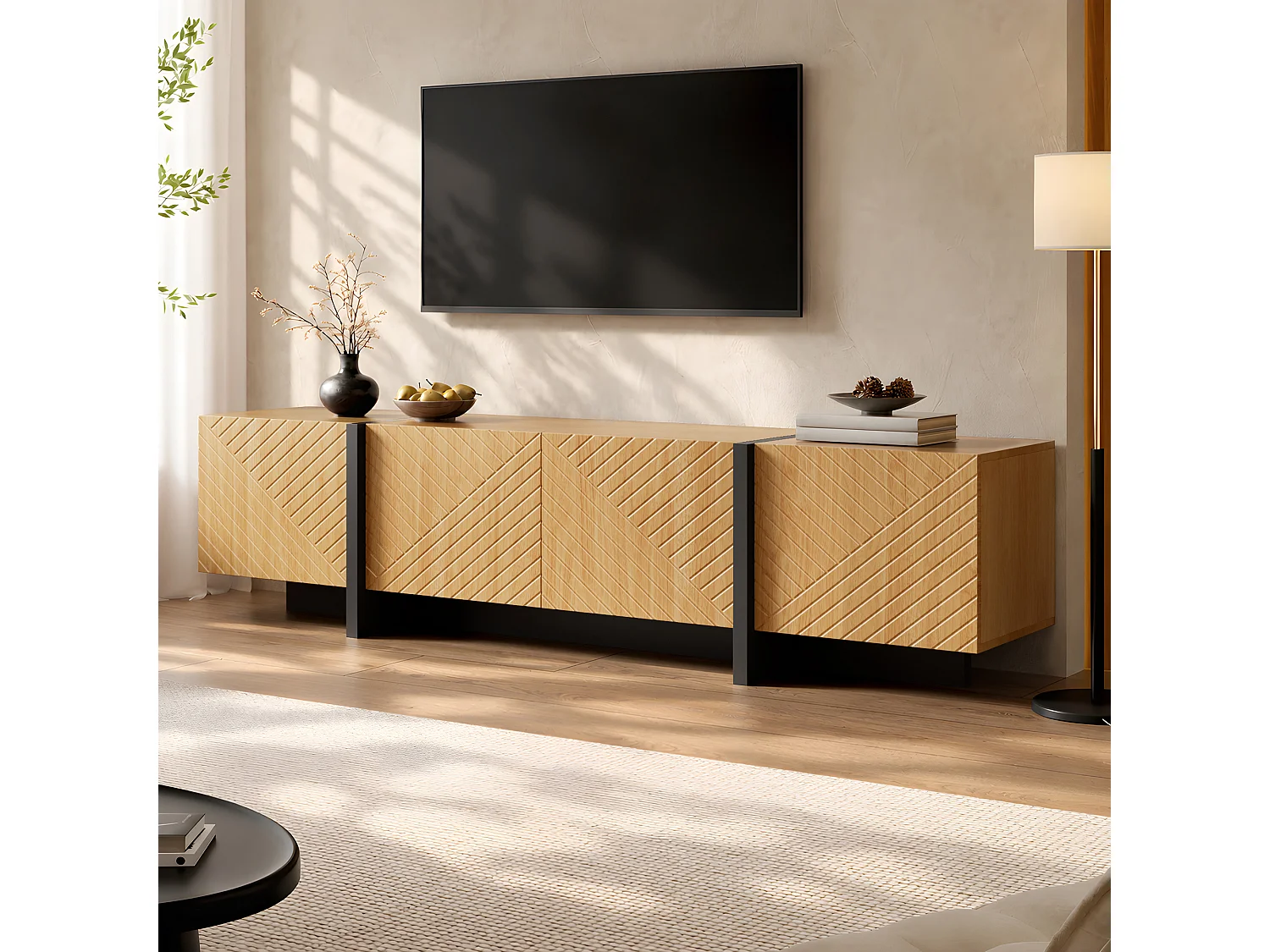 TV cabinet 187 x 32 x 45 cm - With 4 doors with grooved front - Cable management - MDF - Natural