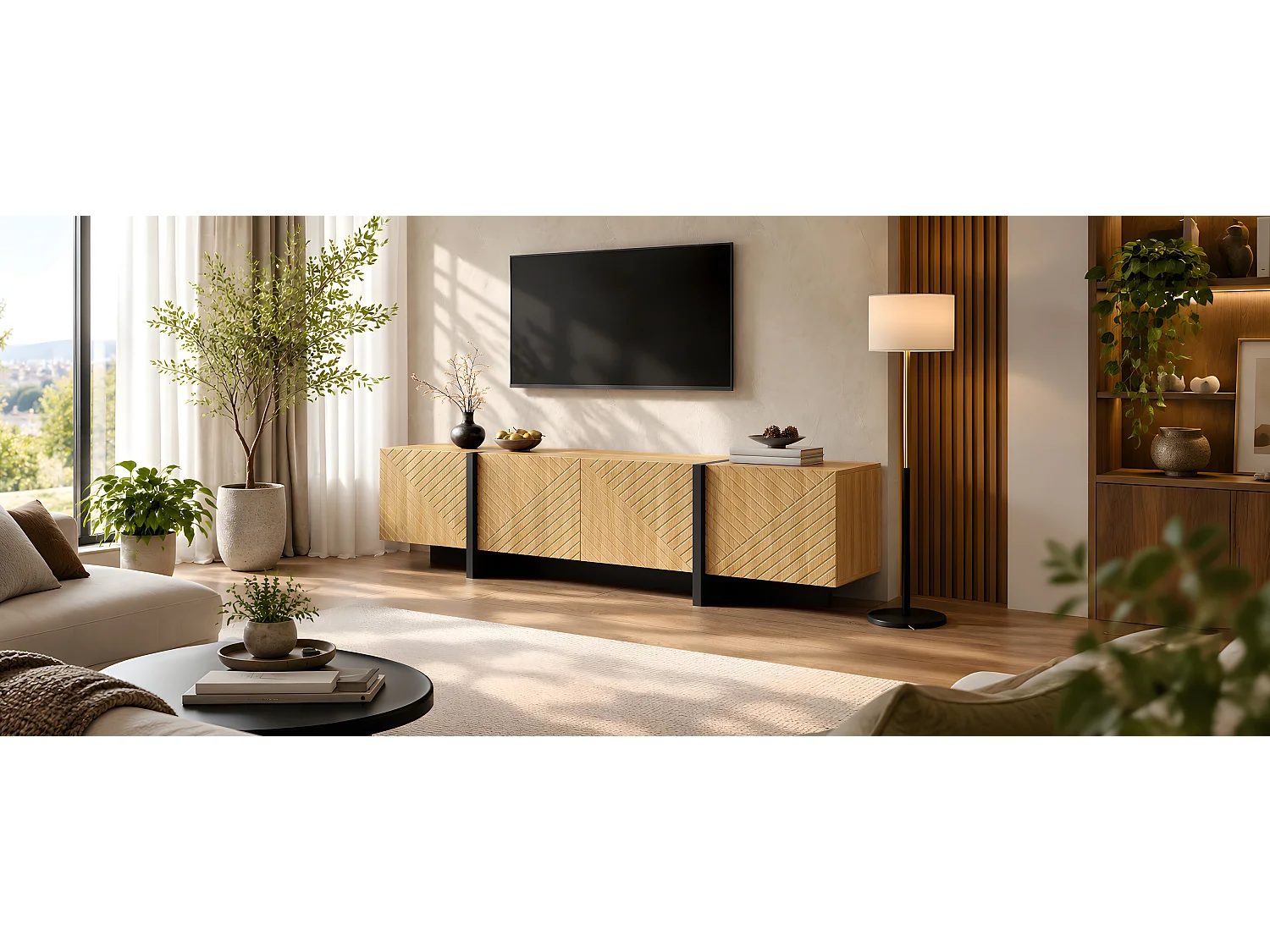 TV cabinet 187 x 32 x 45 cm - With 4 doors with grooved front - Cable management - MDF - Natural