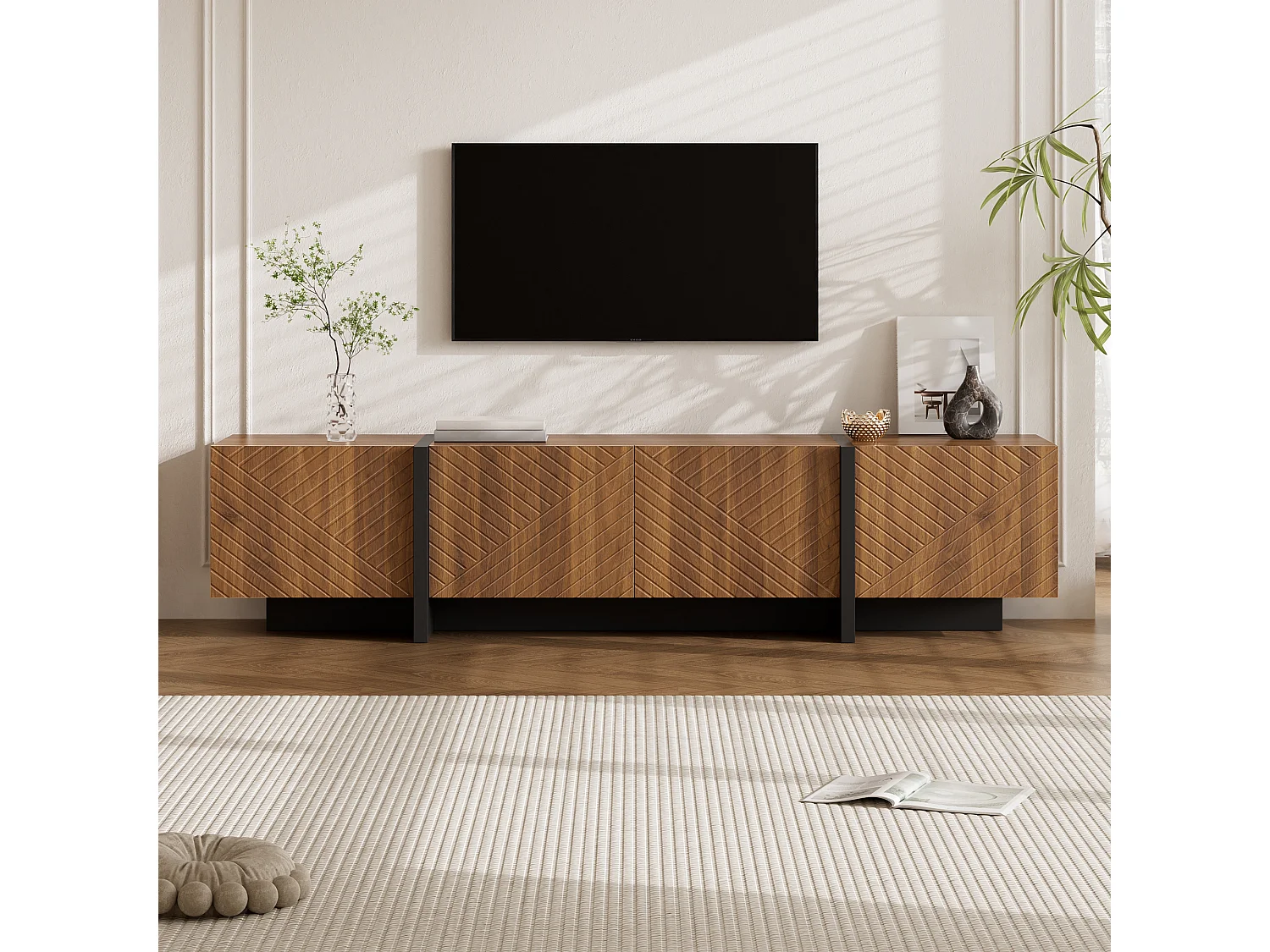 TV cabinet 187 x 32 x 45 cm - With 4 doors with grooved front - Cable management - MDF - Brown
