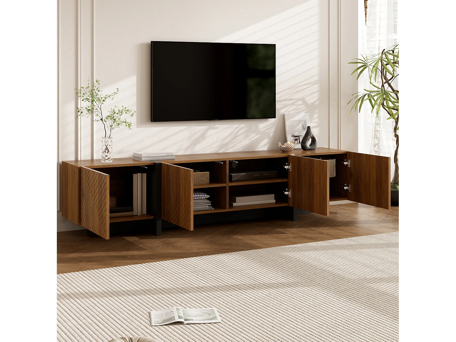 TV cabinet 187 x 32 x 45 cm - With 4 doors with grooved front - Cable management - MDF - Brown
