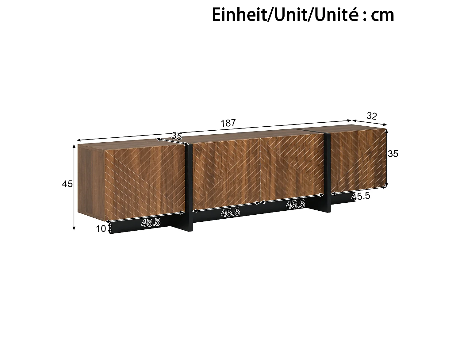 TV cabinet 187 x 32 x 45 cm - With 4 doors with grooved front - Cable management - MDF - Brown