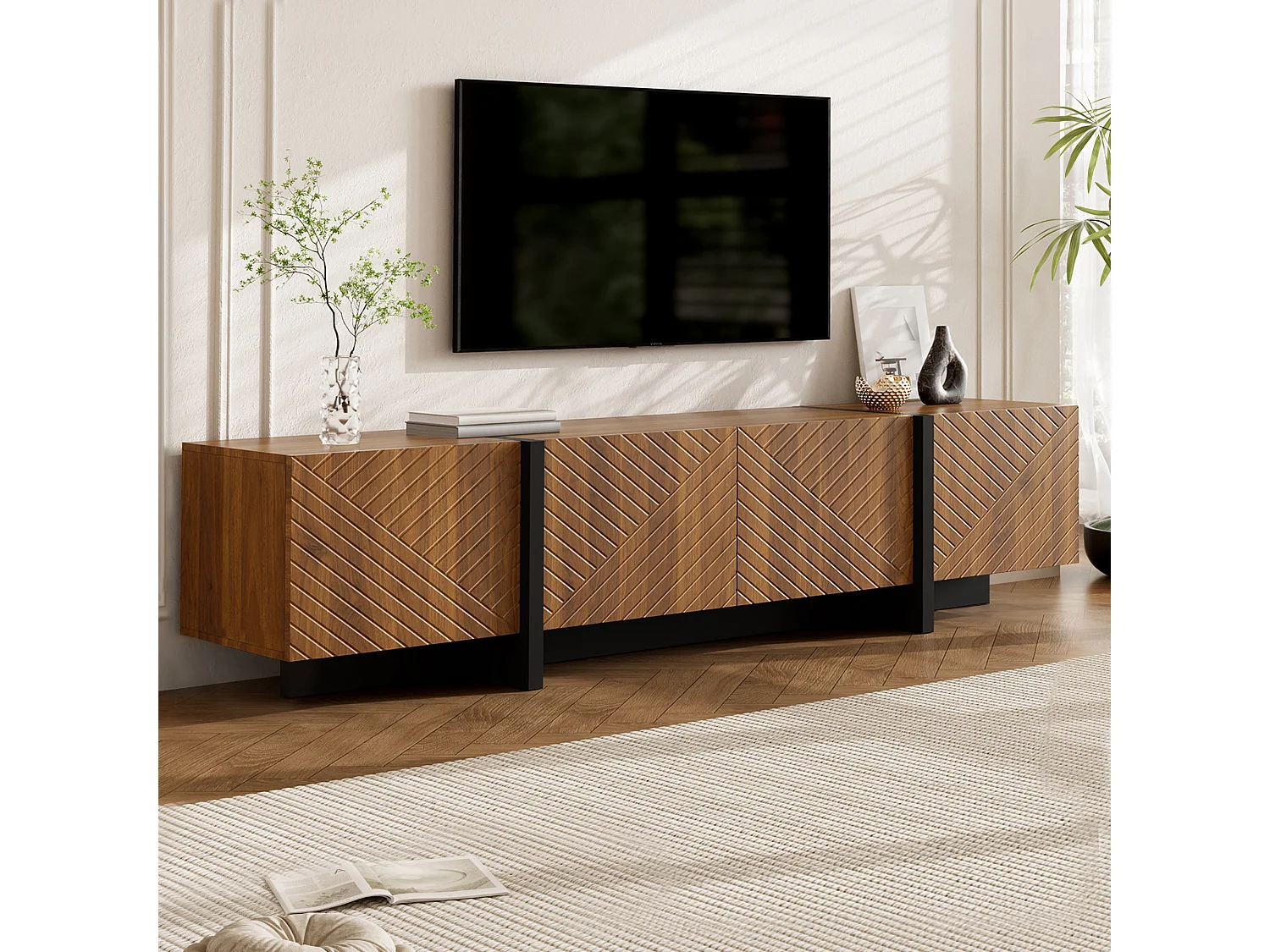 TV cabinet 187 x 32 x 45 cm - With 4 doors with grooved front - Cable management - MDF - Brown
