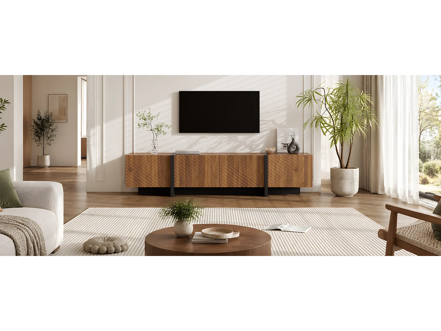 TV cabinet 187 x 32 x 45 cm - With 4 doors with grooved front - Cable management - MDF - Brown