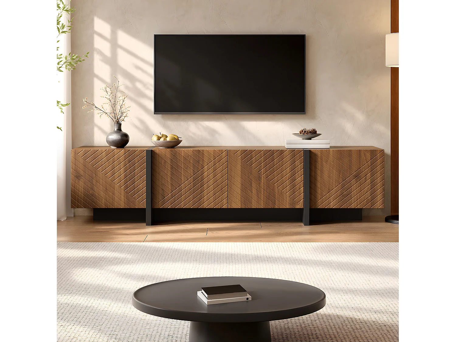 TV cabinet 187 x 32 x 45 cm - With 4 doors with grooved front - Cable management - MDF - Brown