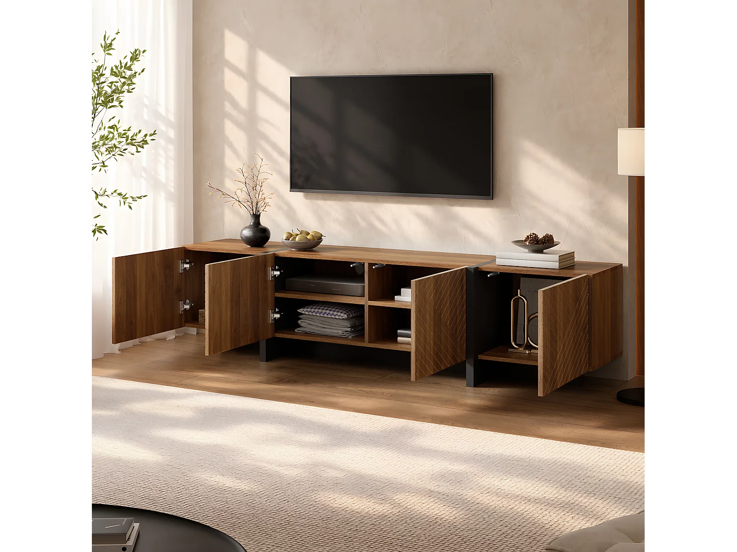 TV cabinet 187 x 32 x 45 cm - With 4 doors with grooved front - Cable management - MDF - Brown