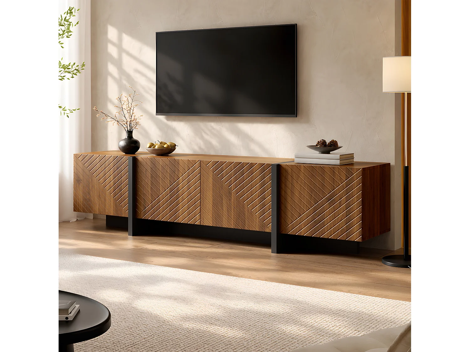 TV cabinet 187 x 32 x 45 cm - With 4 doors with grooved front - Cable management - MDF - Brown