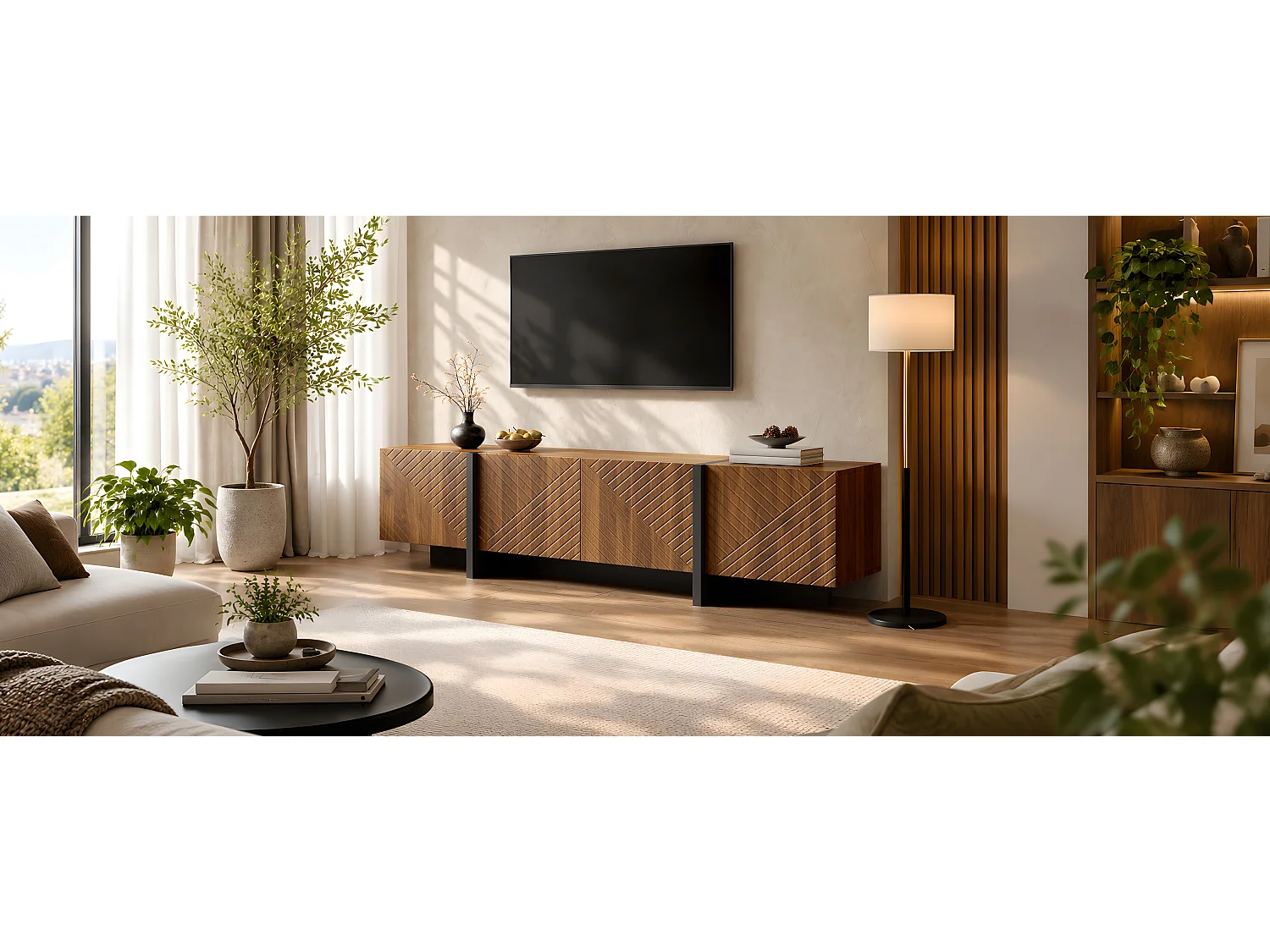 TV cabinet 187 x 32 x 45 cm - With 4 doors with grooved front - Cable management - MDF - Brown