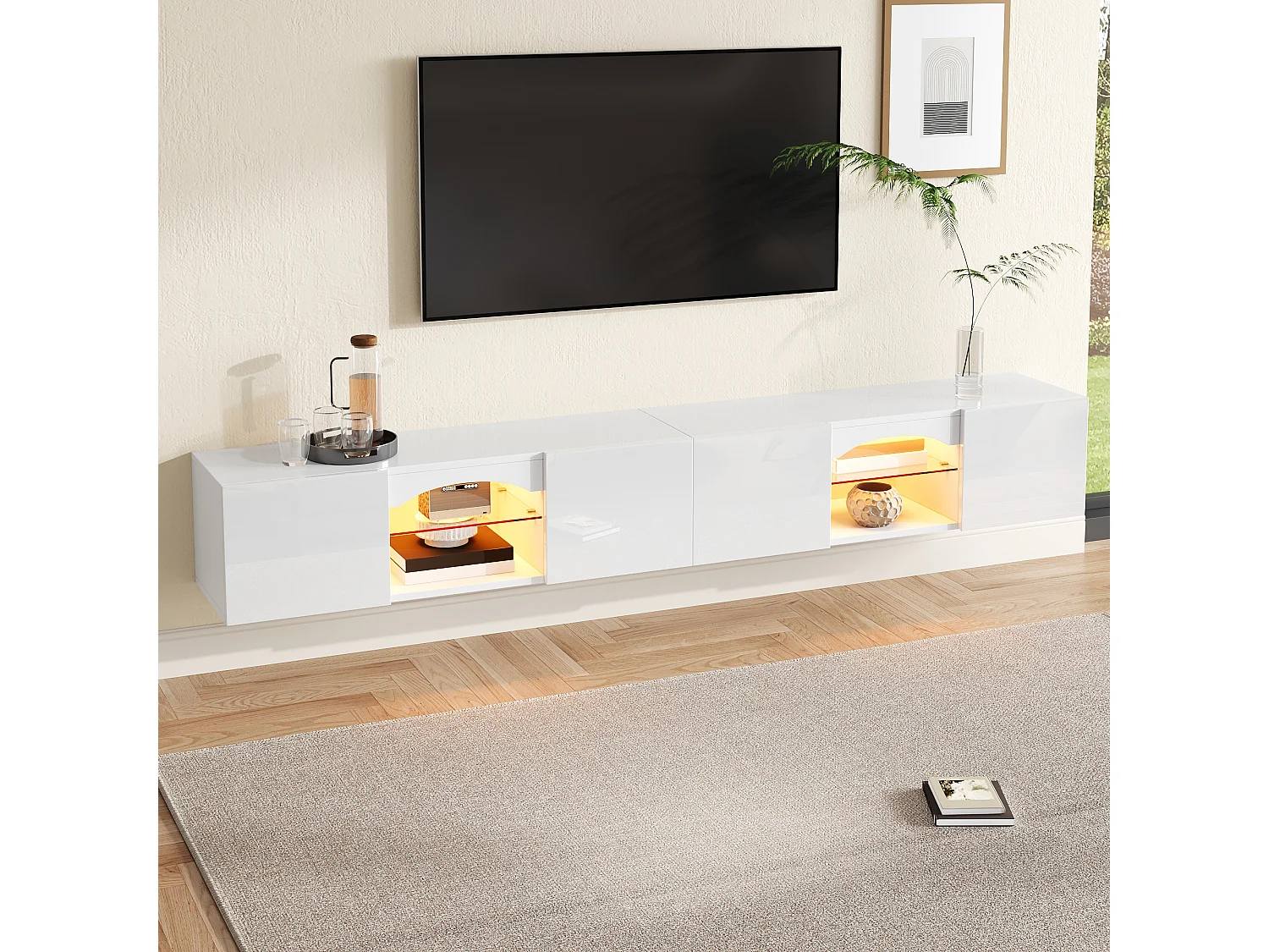 Modern wall-mounted TV cabinet 200x30x28 cm - 4 doors, 2 open niches, LED and glass shelves - Glossy finish - White