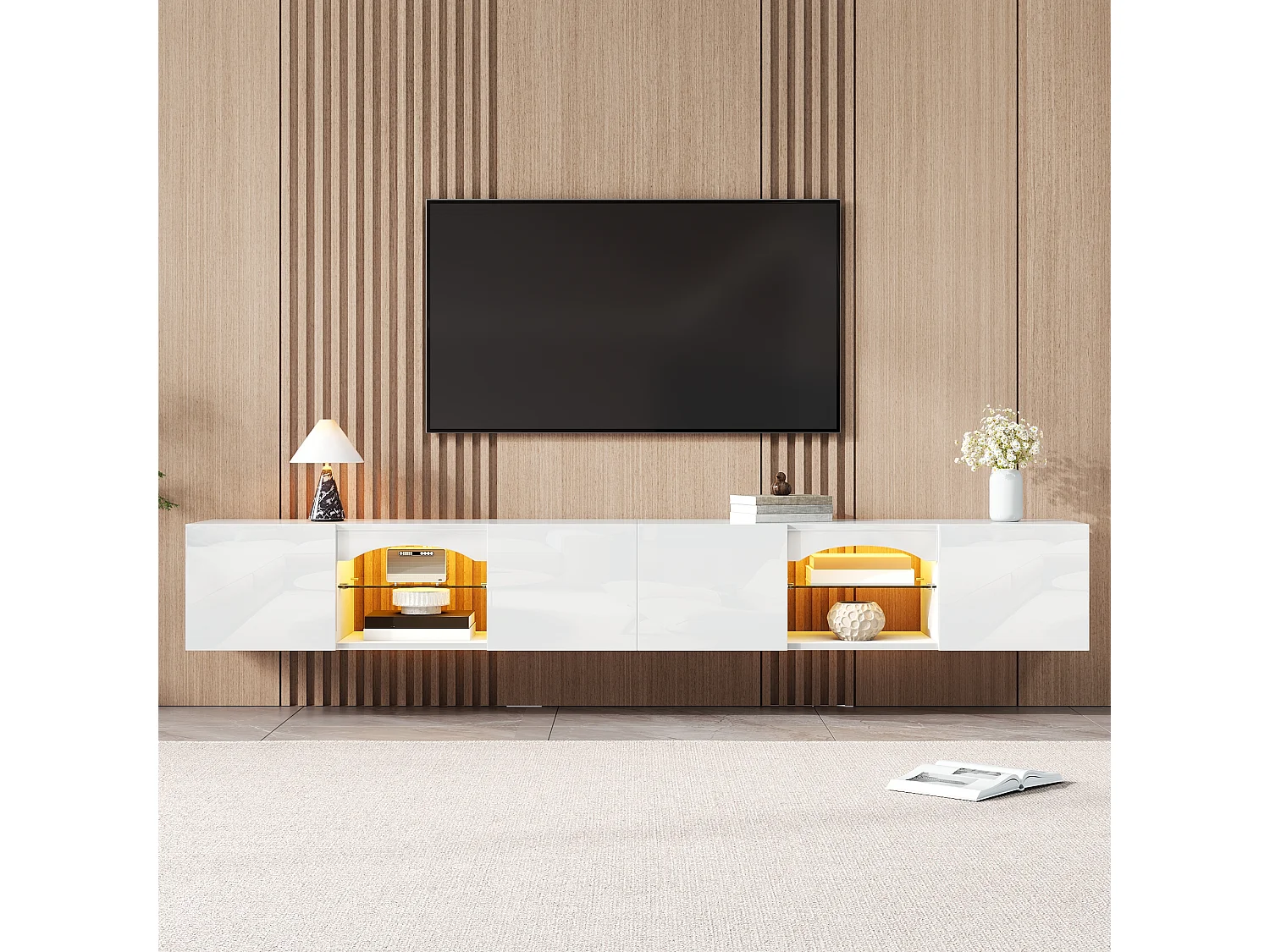 Modern wall-mounted TV cabinet 200x30x28 cm - 4 doors, 2 open niches, LED and glass shelves - Glossy finish - White