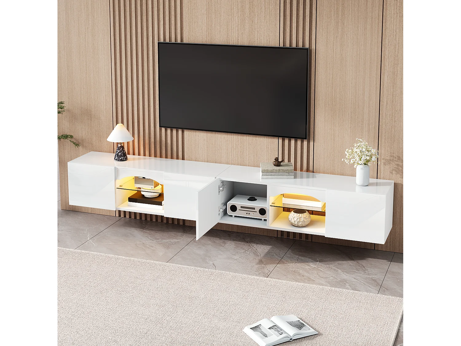 Modern wall-mounted TV cabinet 200x30x28 cm - 4 doors, 2 open niches, LED and glass shelves - Glossy finish - White