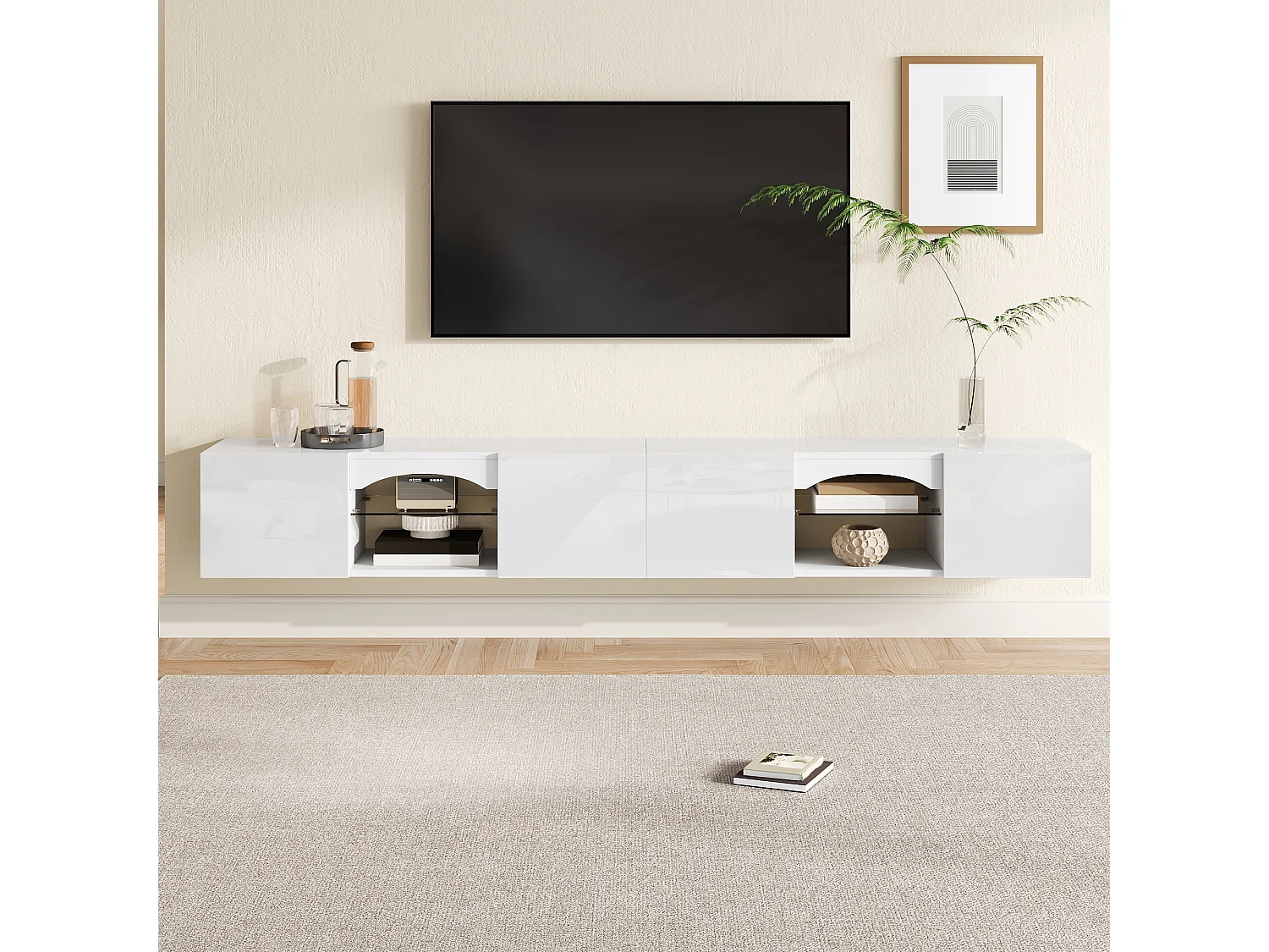 Modern wall-mounted TV cabinet 200x30x28 cm - 4 doors, 2 open niches, LED and glass shelves - Glossy finish - White