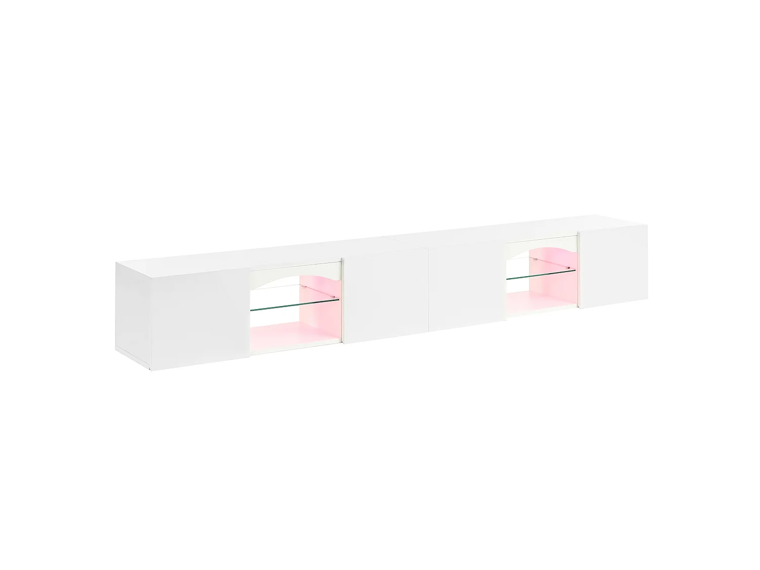 Modern wall-mounted TV cabinet 200x30x28 cm - 4 doors, 2 open niches, LED and glass shelves - Glossy finish - White