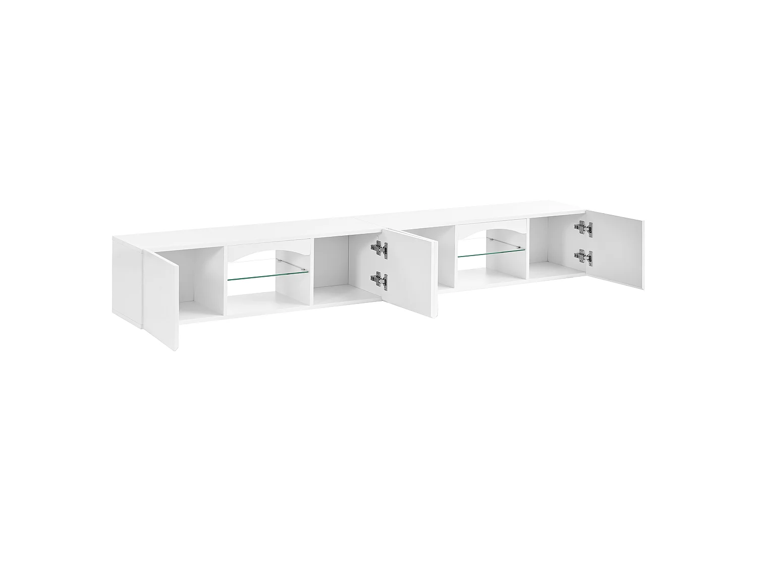 Modern wall-mounted TV cabinet 200x30x28 cm - 4 doors, 2 open niches, LED and glass shelves - Glossy finish - White