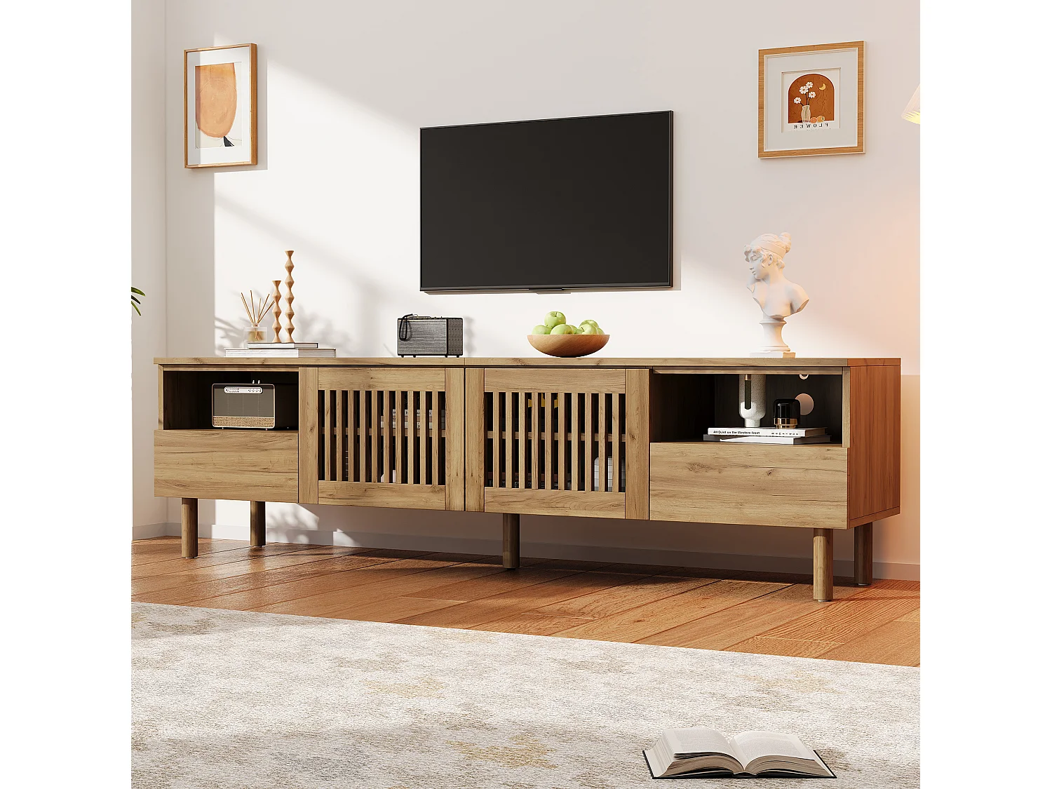 Meuble TV moderne 180x40x51 cm - Avec 2 portes grillagées, 2 tiroirs et d'étagères ouvertes - Pieds en bois massif - Naturel