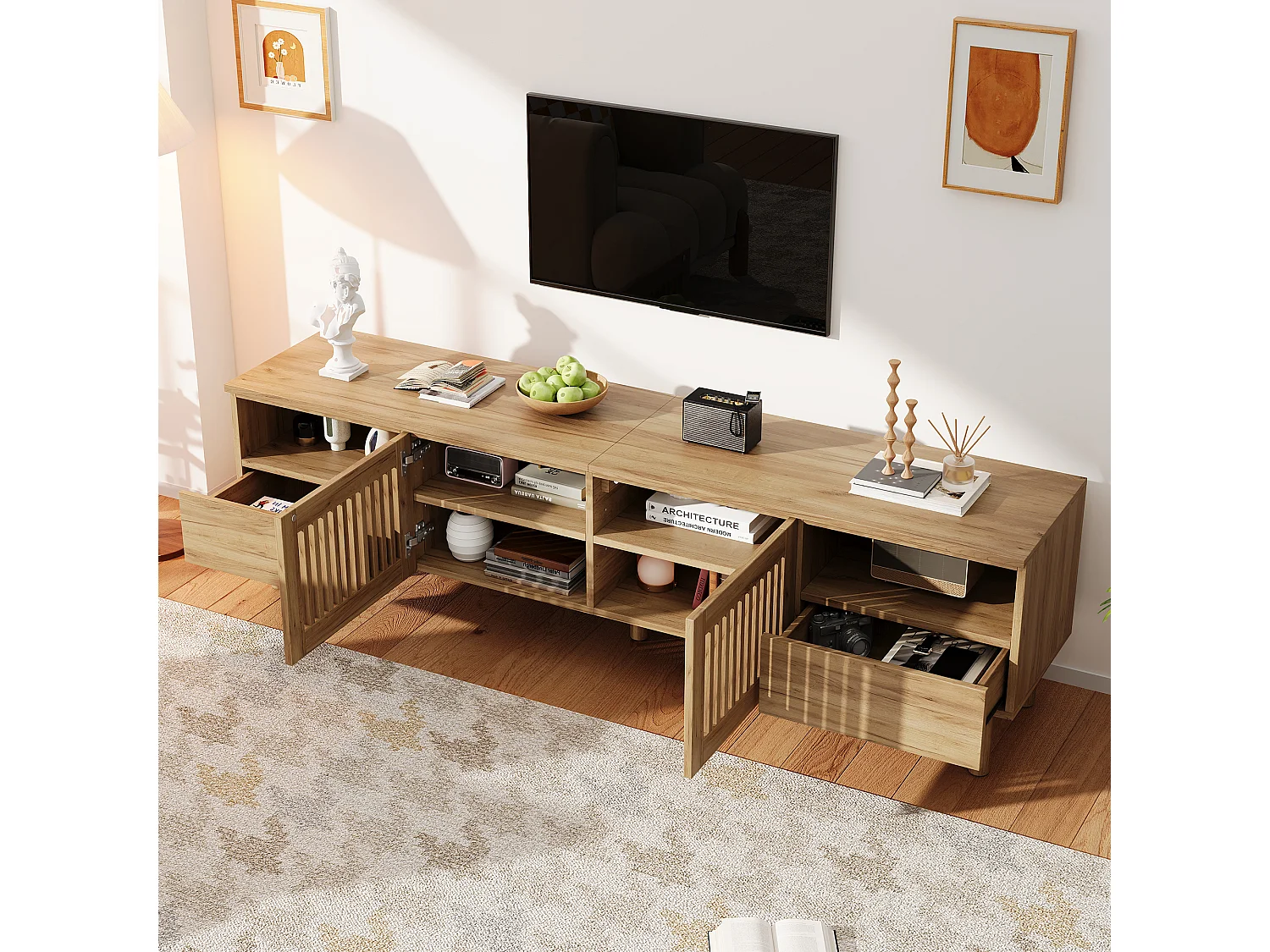 Meuble TV moderne 180x40x51 cm - Avec 2 portes grillagées, 2 tiroirs et d'étagères ouvertes - Pieds en bois massif - Naturel