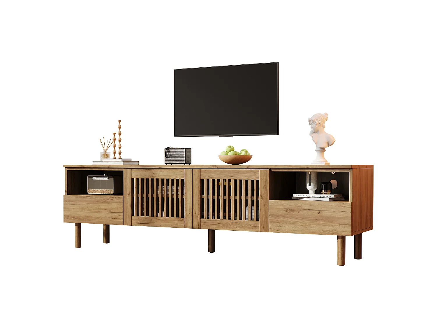 Meuble TV moderne 180x40x51 cm - Avec 2 portes grillagées, 2 tiroirs et d'étagères ouvertes - Pieds en bois massif - Naturel