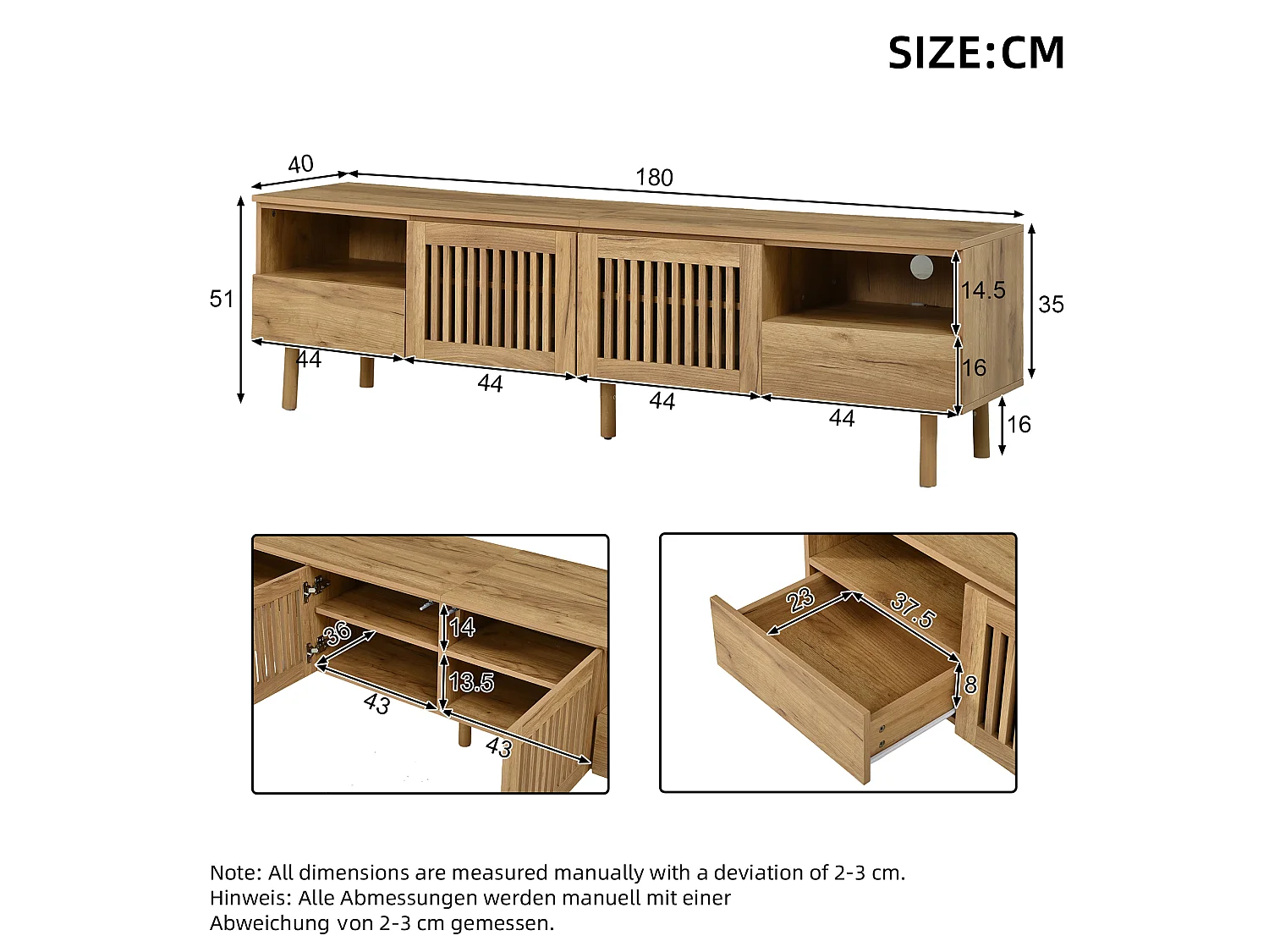 Meuble TV moderne 180x40x51 cm - Avec 2 portes grillagées, 2 tiroirs et d'étagères ouvertes - Pieds en bois massif - Naturel