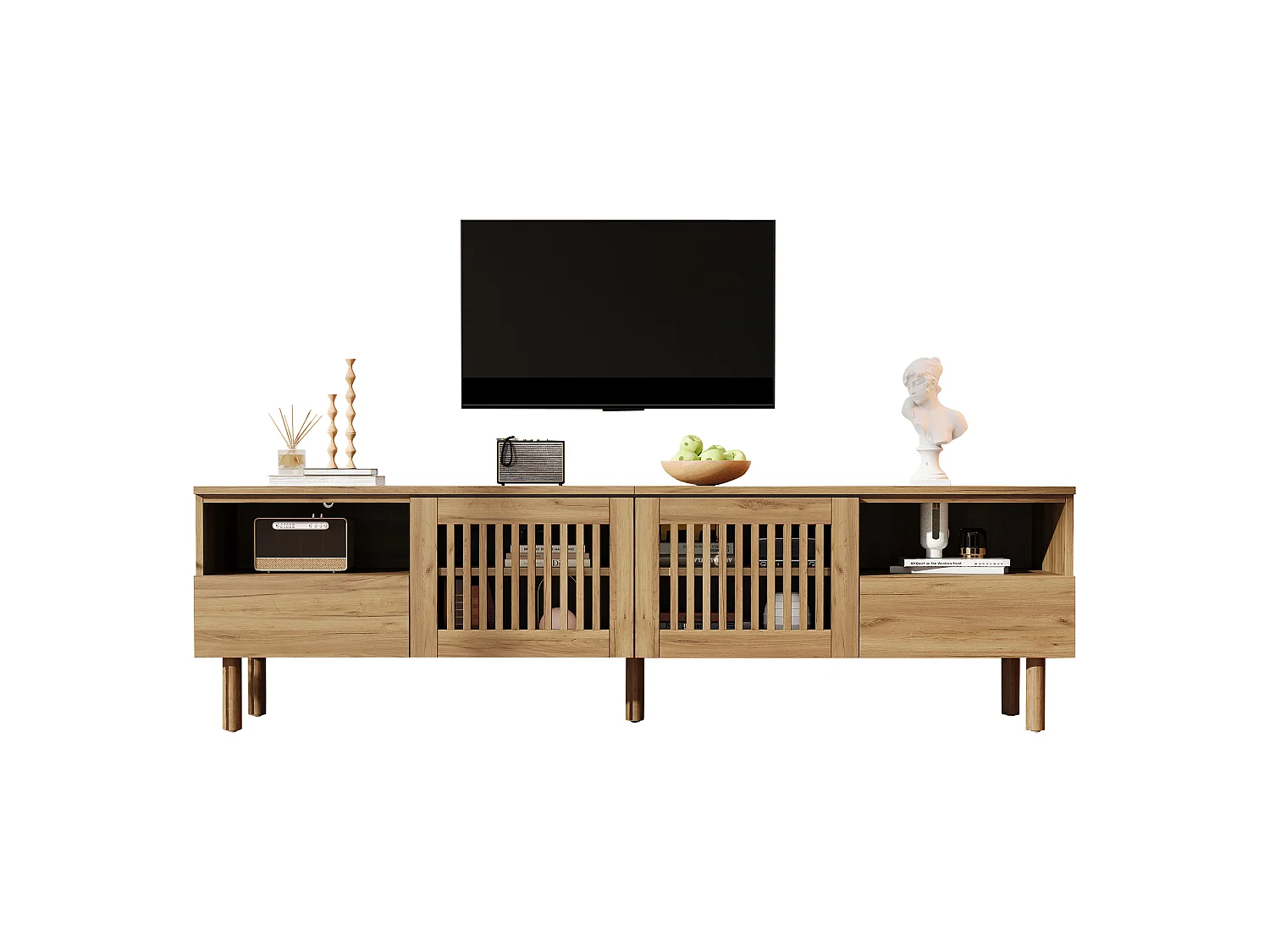 Meuble TV moderne 180x40x51 cm - Avec 2 portes grillagées, 2 tiroirs et d'étagères ouvertes - Pieds en bois massif - Naturel