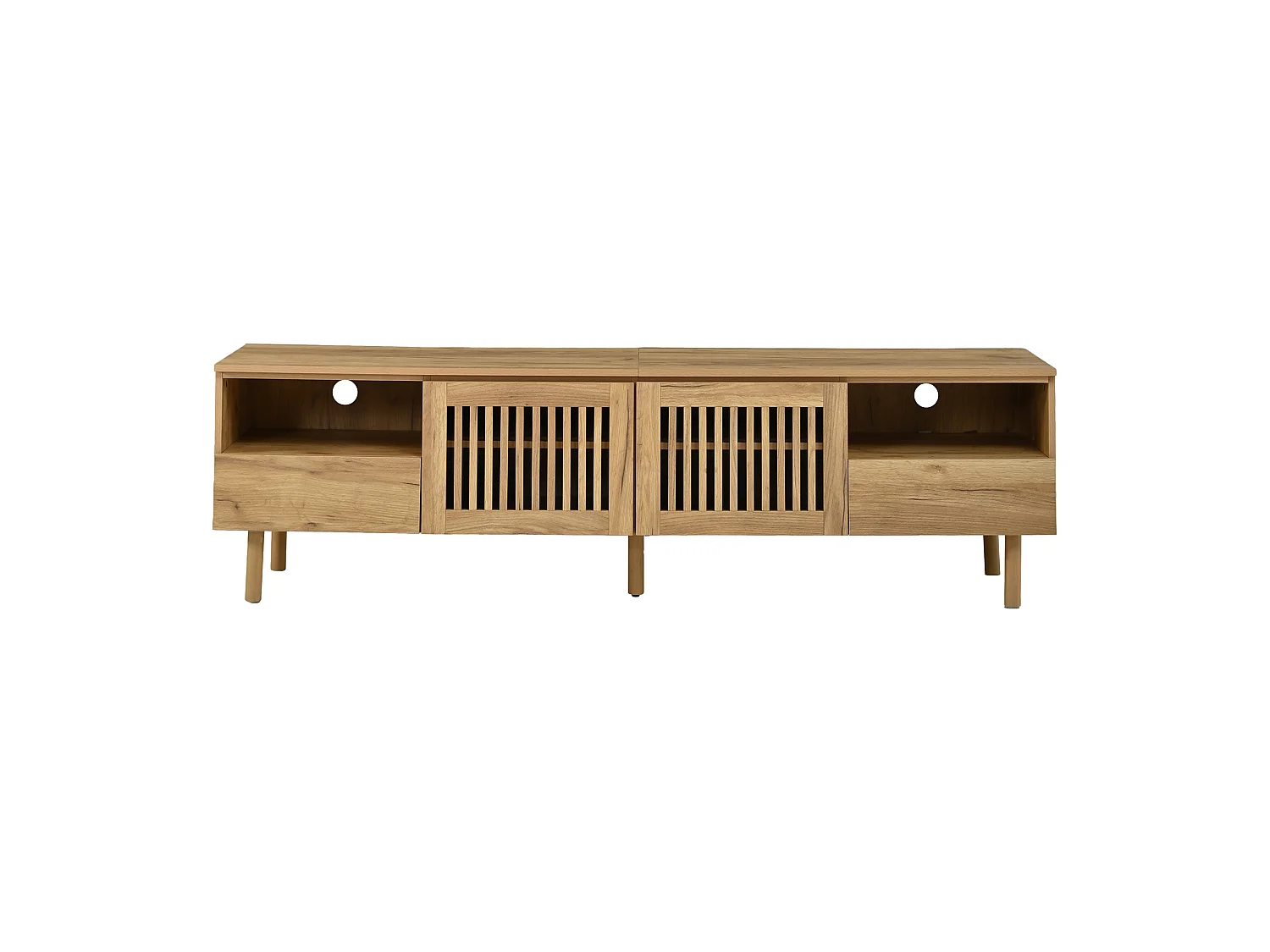 Meuble TV moderne 180x40x51 cm - Avec 2 portes grillagées, 2 tiroirs et d'étagères ouvertes - Pieds en bois massif - Naturel