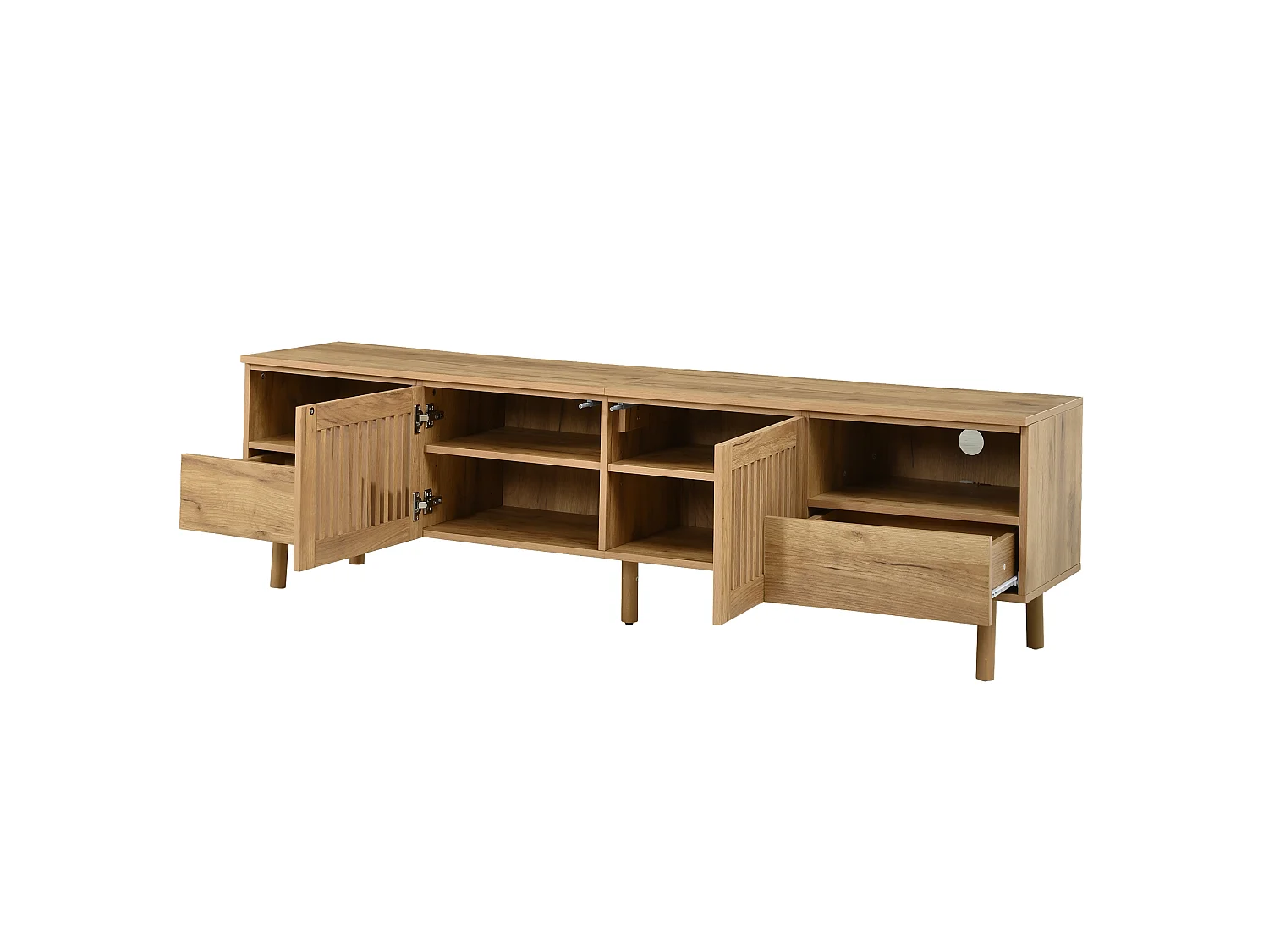 Meuble TV moderne 180x40x51 cm - Avec 2 portes grillagées, 2 tiroirs et d'étagères ouvertes - Pieds en bois massif - Naturel