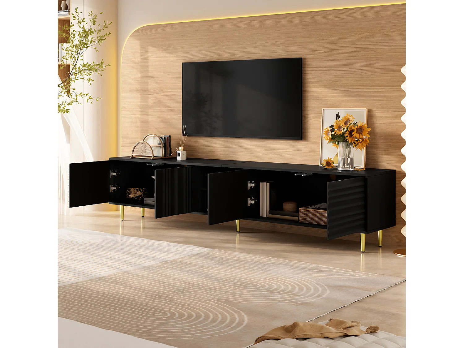 Modern TV stand 200x35x45 cm - 4 doors and open compartments - Handleless - Metal legs - MDF - Black
