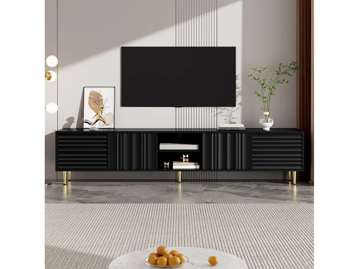 Modern TV stand 200x35x45 cm - 4 doors and open compartments - Handleless - Metal legs - MDF - Black