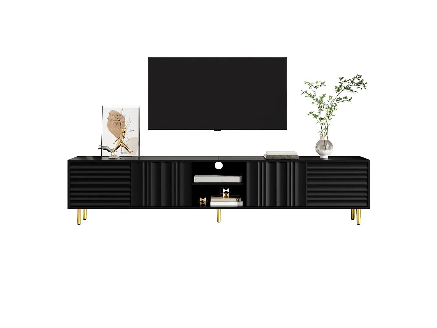 Modern TV stand 200x35x45 cm - 4 doors and open compartments - Handleless - Metal legs - MDF - Black