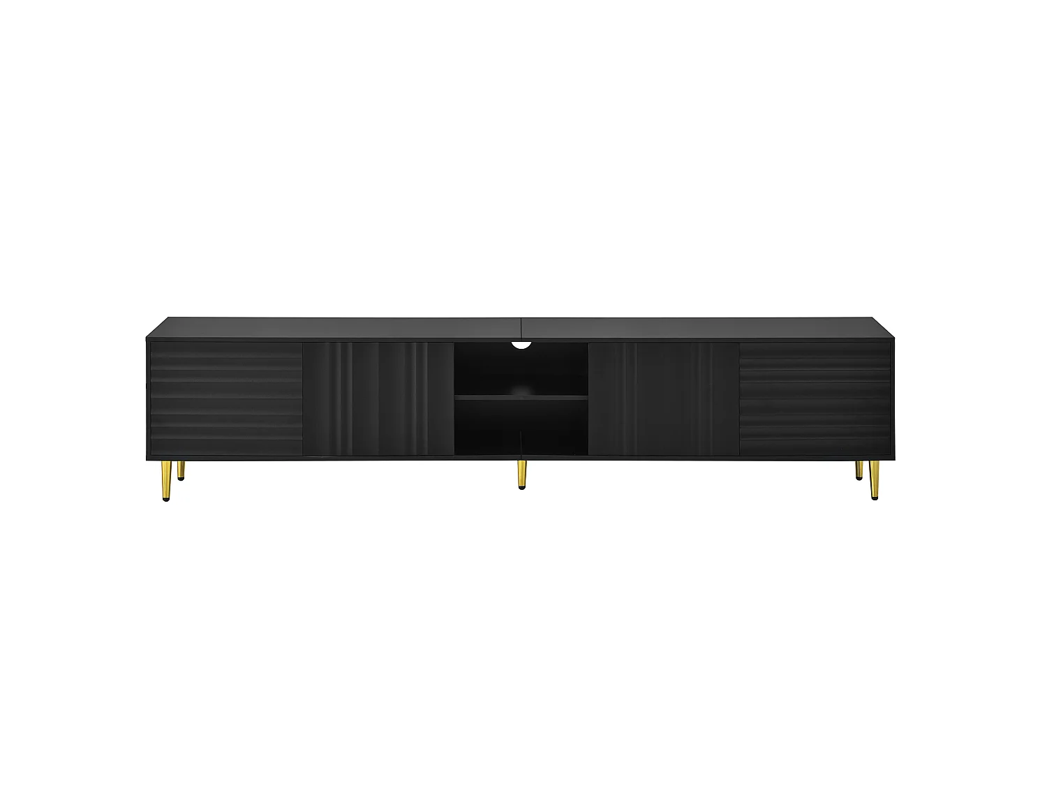 Modern TV stand 200x35x45 cm - 4 doors and open compartments - Handleless - Metal legs - MDF - Black