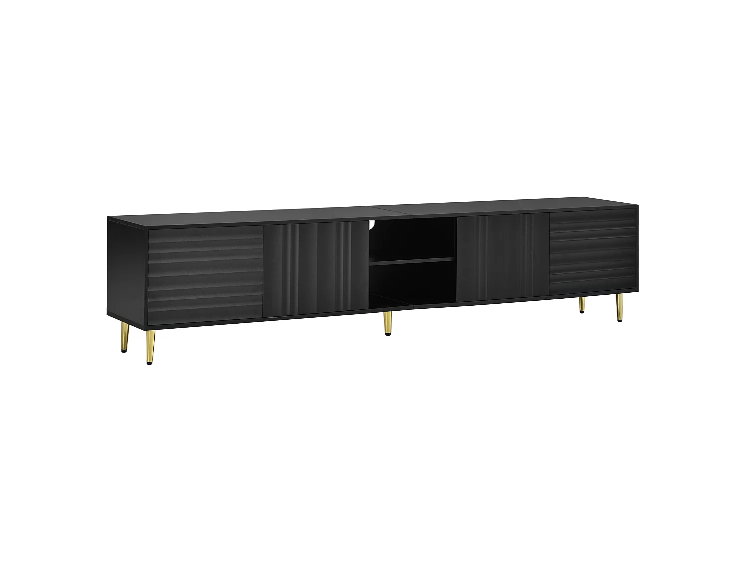 Modern TV stand 200x35x45 cm - 4 doors and open compartments - Handleless - Metal legs - MDF - Black