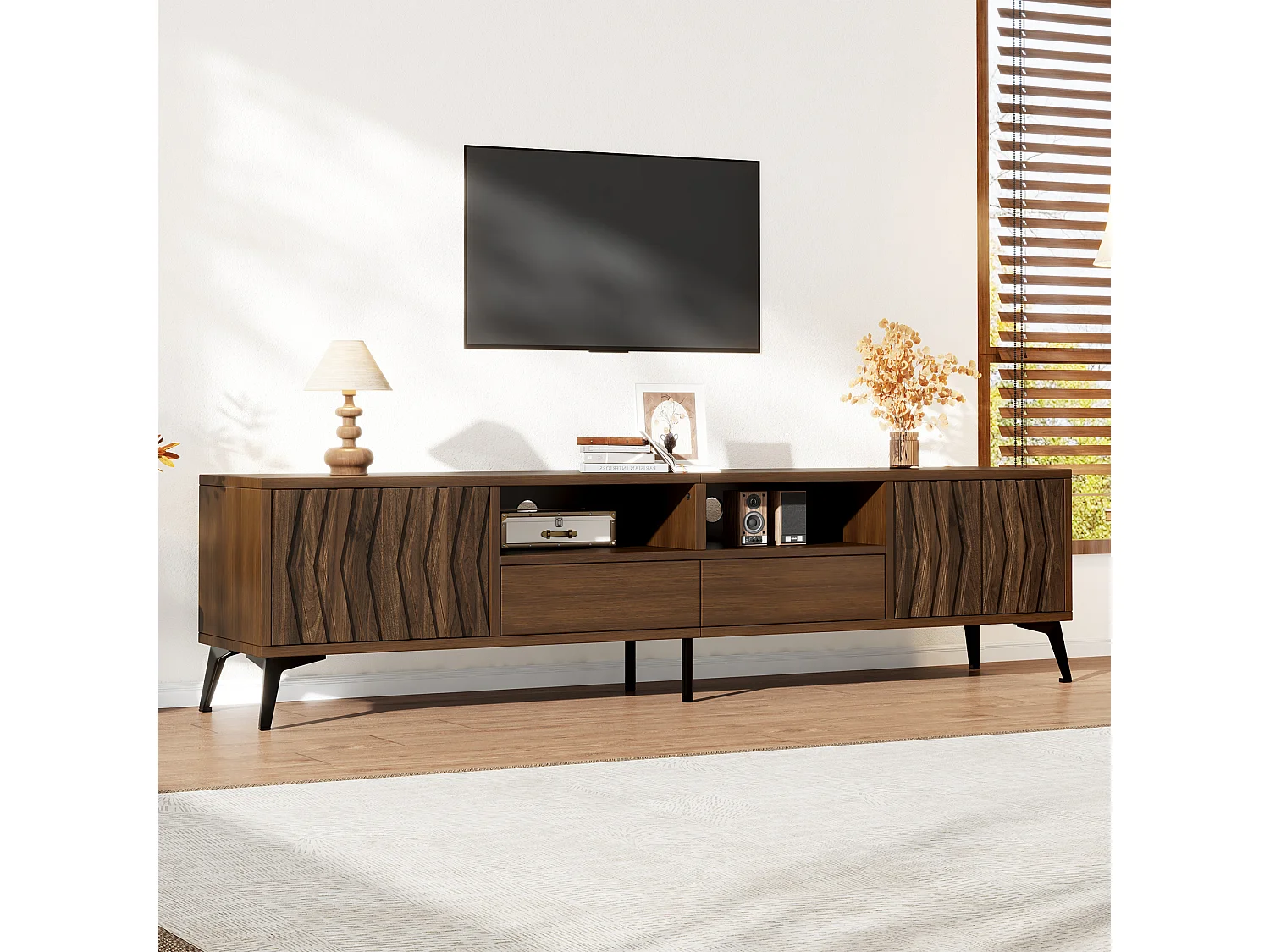 Meuble TV 180x35x45 cm - 2 portes et 2 tiroirs - Texture géométrique en relief - Compatible TV 75 pouces - Style rétro - Marron