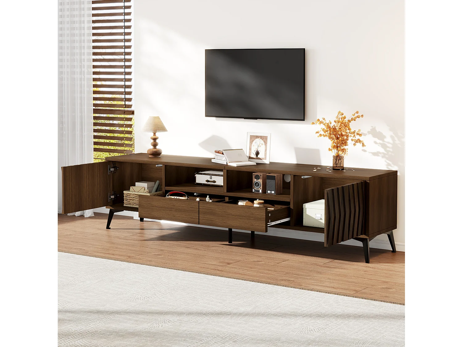 Meuble TV 180x35x45 cm - 2 portes et 2 tiroirs - Texture géométrique en relief - Compatible TV 75 pouces - Style rétro - Marron
