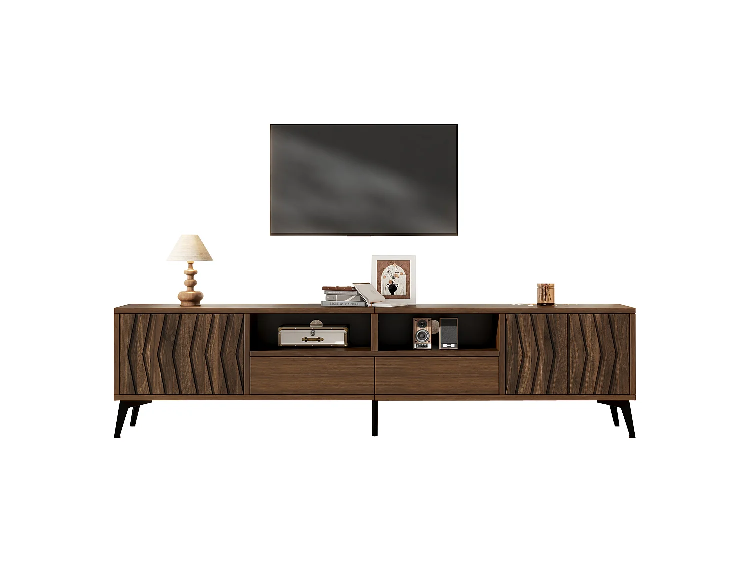 Meuble TV 180x35x45 cm - 2 portes et 2 tiroirs - Texture géométrique en relief - Compatible TV 75 pouces - Style rétro - Marron