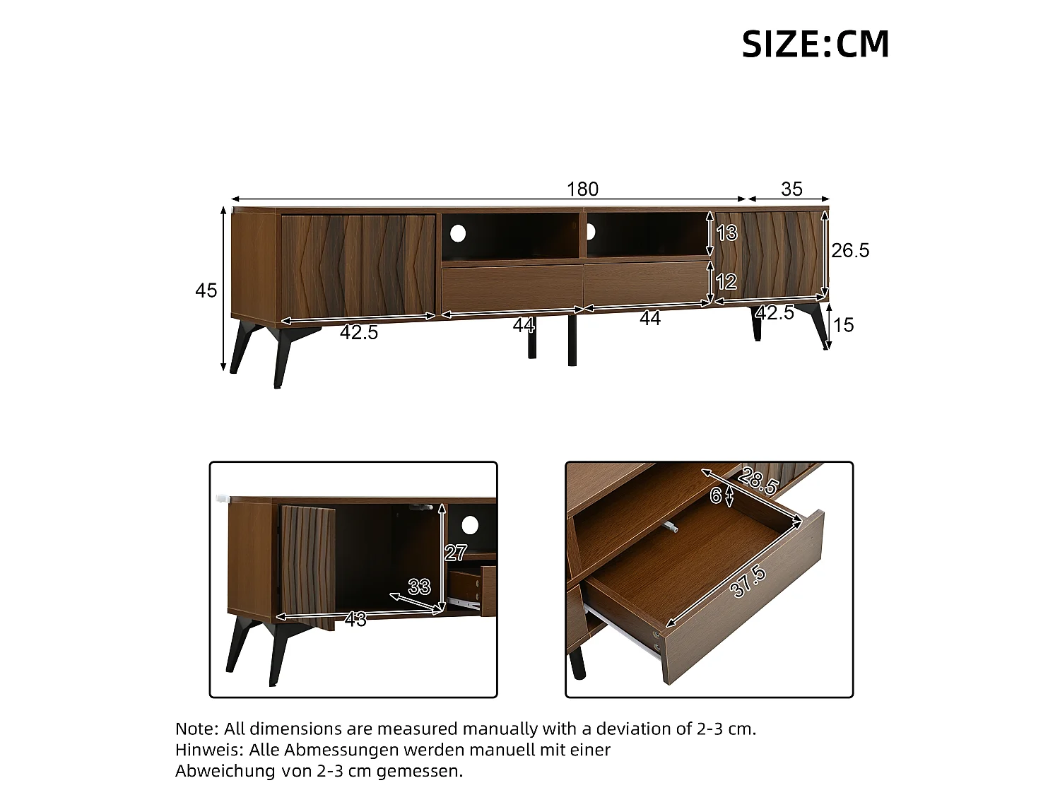 Meuble TV 180x35x45 cm - 2 portes et 2 tiroirs - Texture géométrique en relief - Compatible TV 75 pouces - Style rétro - Marron