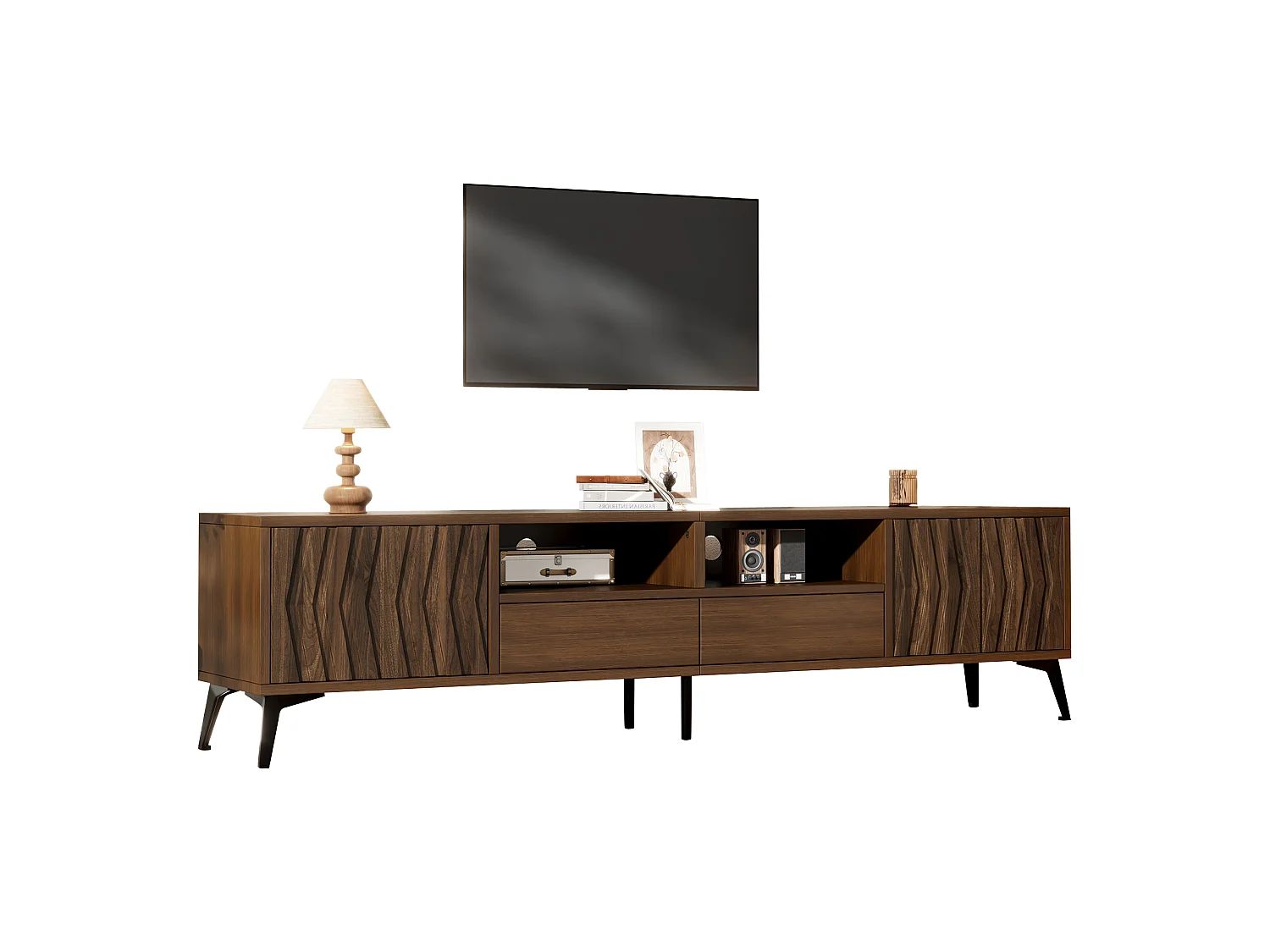 Meuble TV 180x35x45 cm - 2 portes et 2 tiroirs - Texture géométrique en relief - Compatible TV 75 pouces - Style rétro - Marron