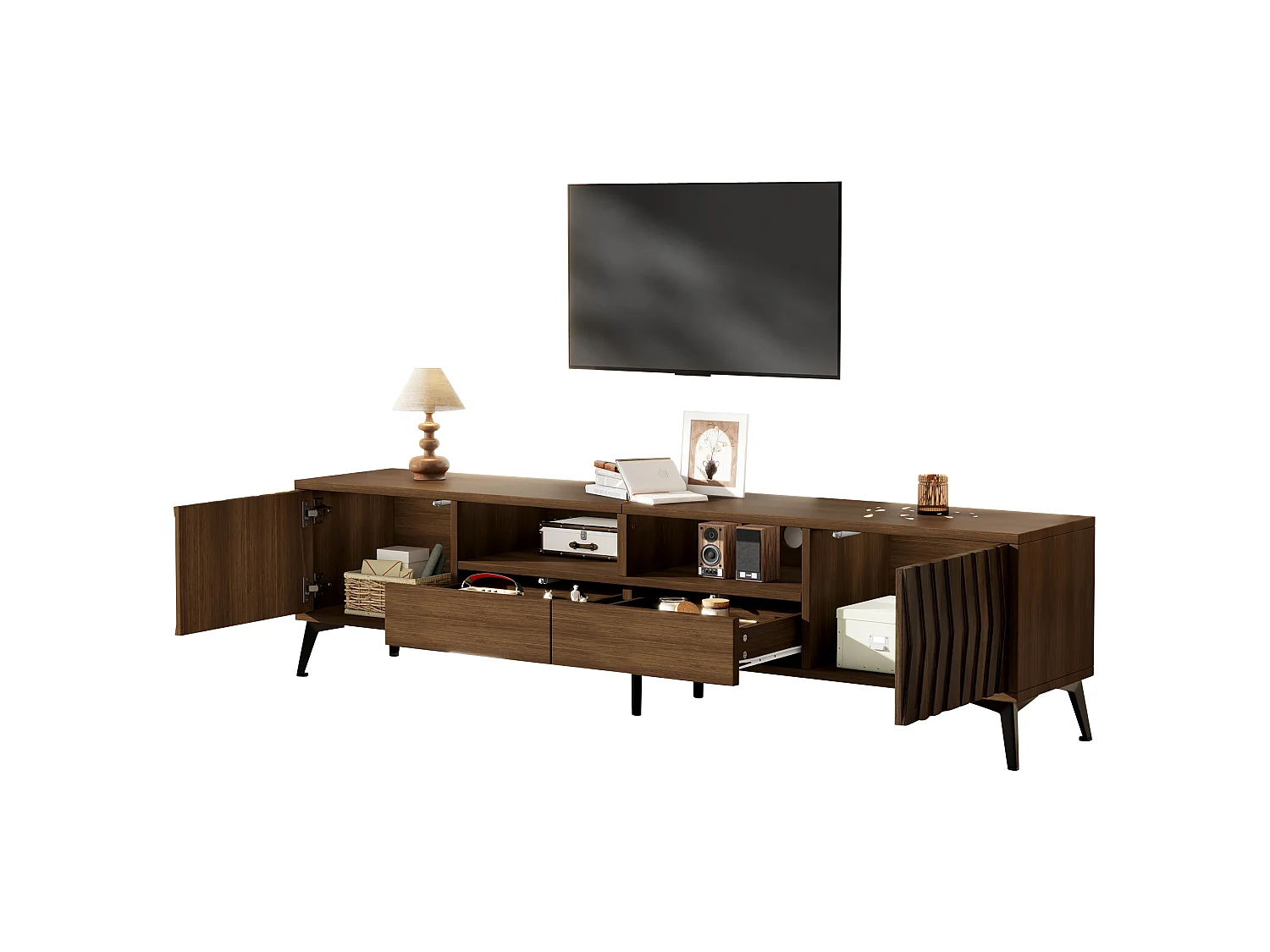 Meuble TV 180x35x45 cm - 2 portes et 2 tiroirs - Texture géométrique en relief - Compatible TV 75 pouces - Style rétro - Marron