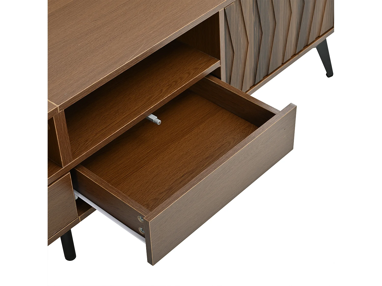 Meuble TV 180x35x45 cm - 2 portes et 2 tiroirs - Texture géométrique en relief - Compatible TV 75 pouces - Style rétro - Marron