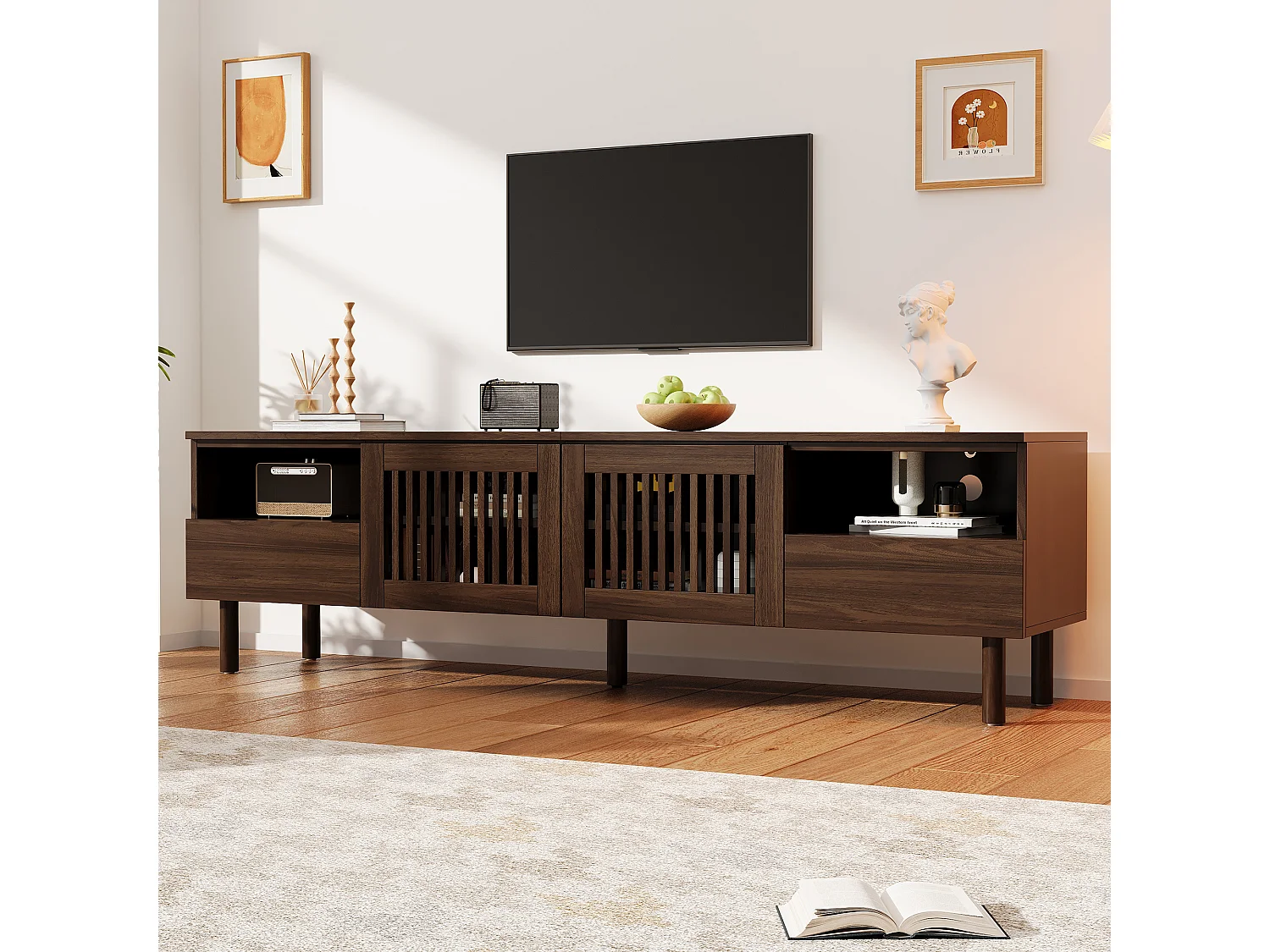 Meuble TV moderne 180x40x51 cm - Avec 2 portes grillagées, 2 tiroirs et d'étagères ouvertes - Pieds en bois massif - Marron